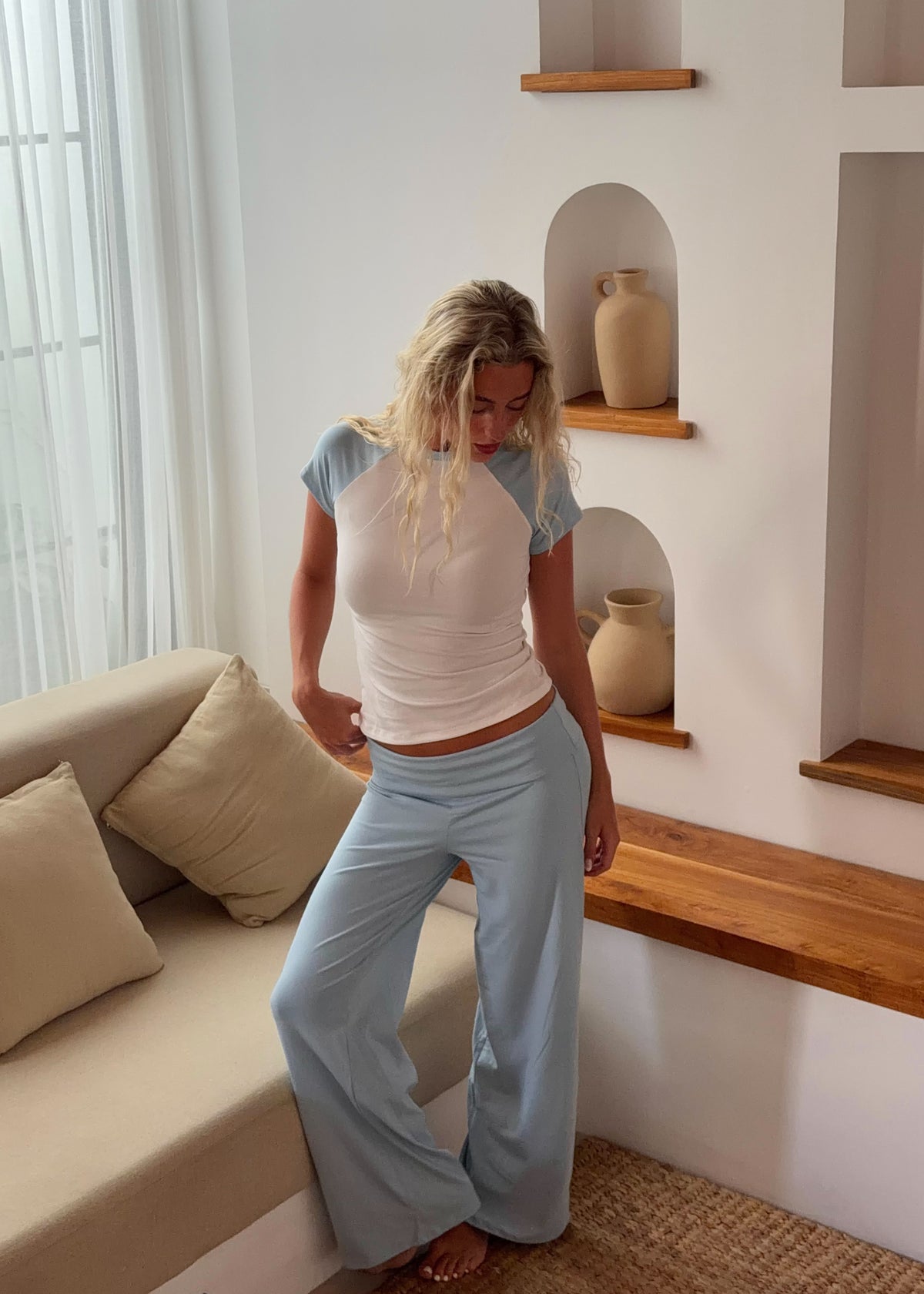 Straight Leg Cotton Trousers in Blue