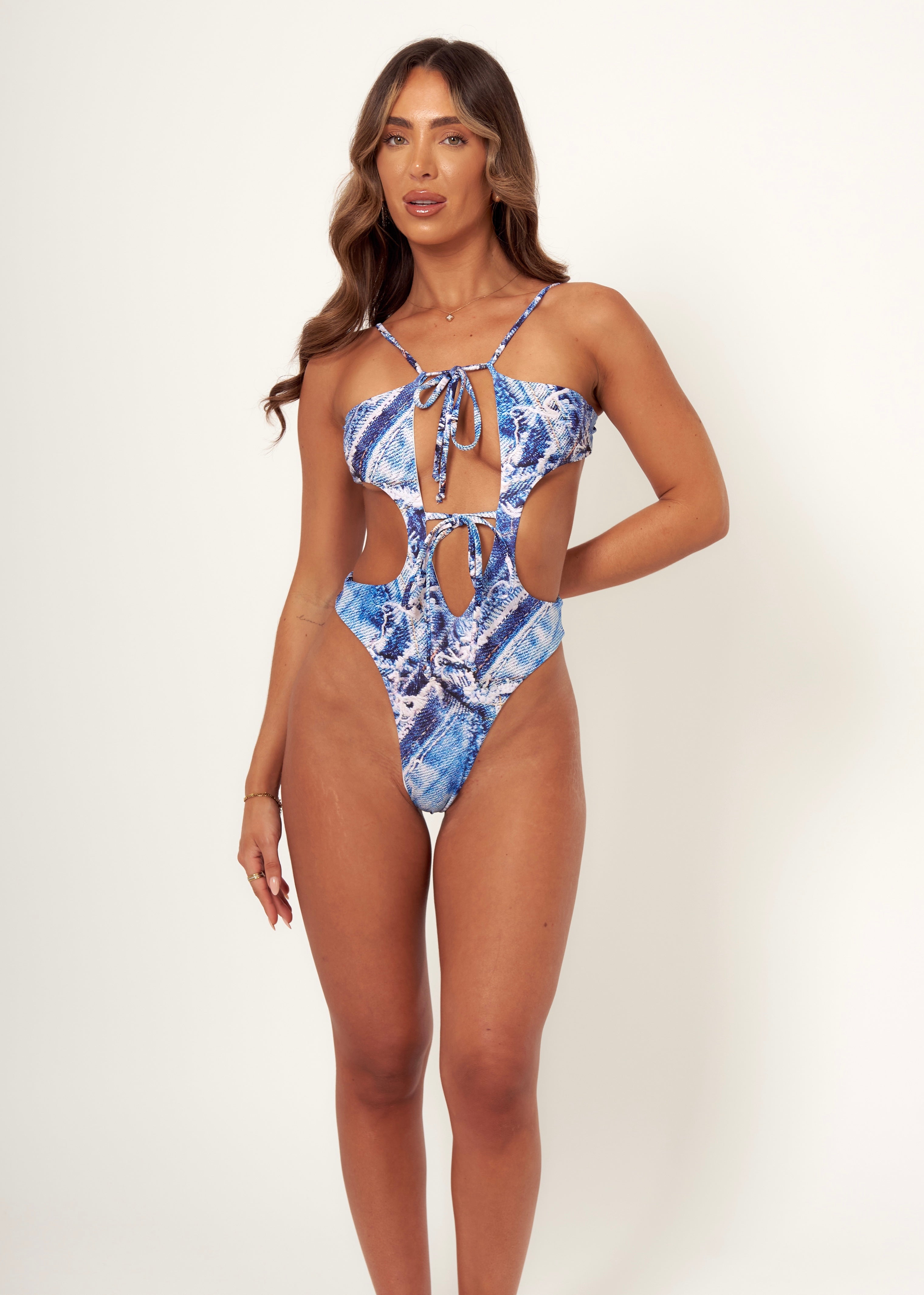 Denim Print Cut Out Swimsuit