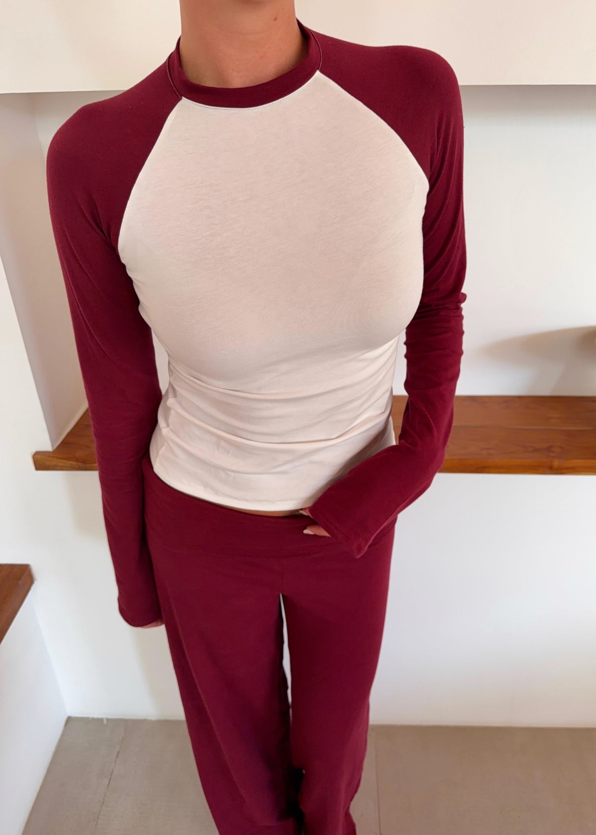 Raglan Cotton T-Shirt in Burgundy and Cream