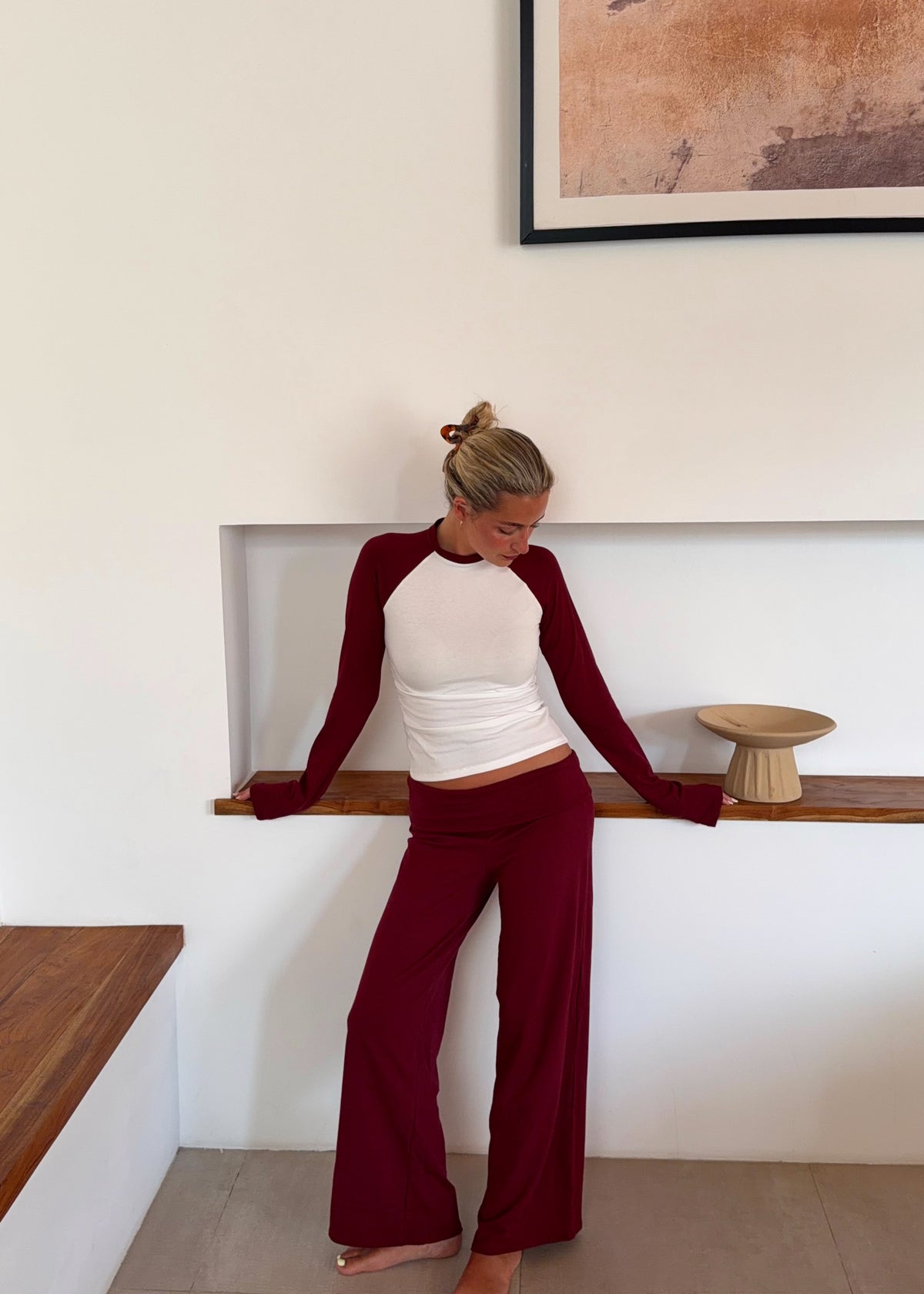 Straight Leg Cotton Trousers in Burgundy