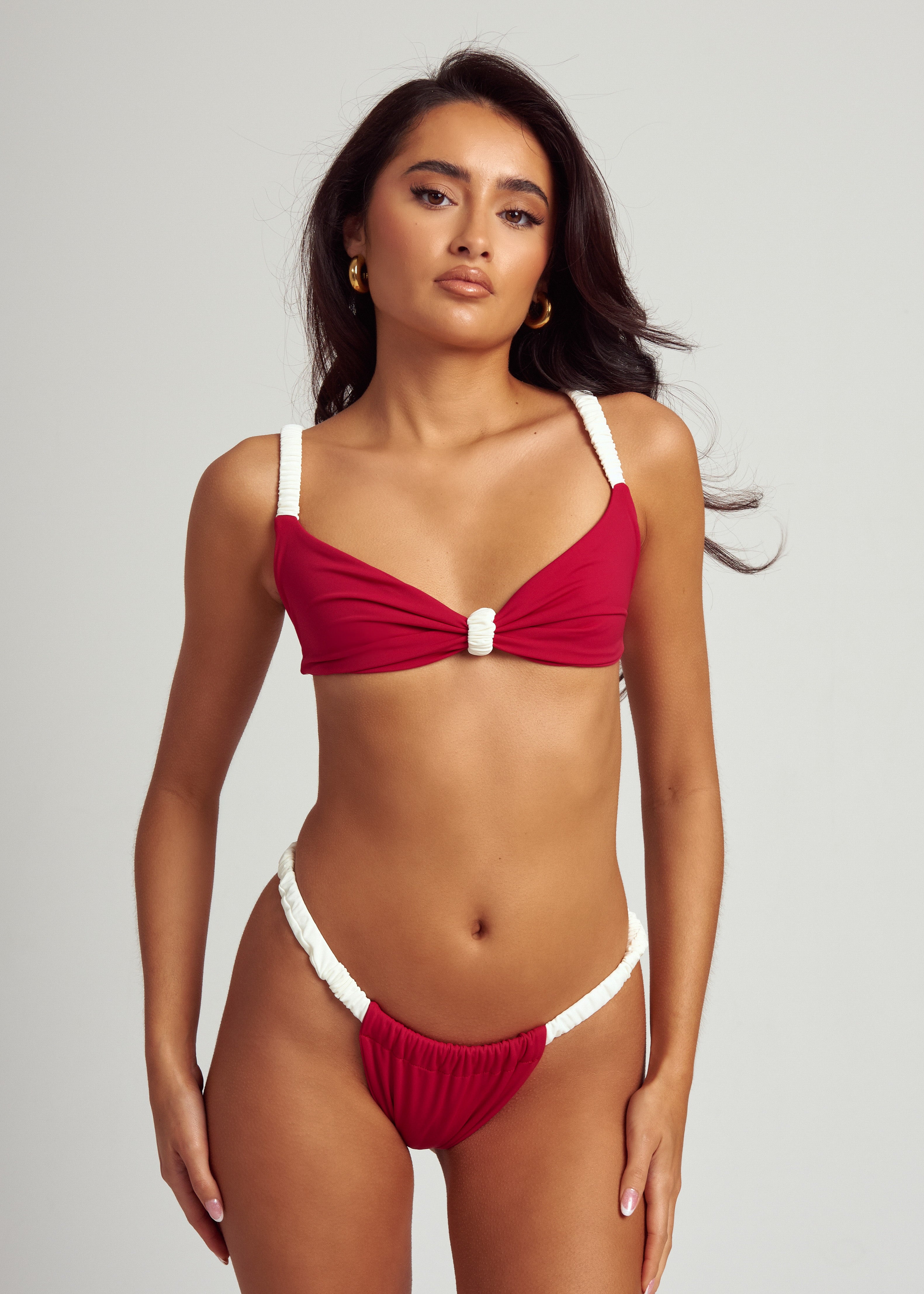 Ruched Bikini Bottoms in Red & Cream