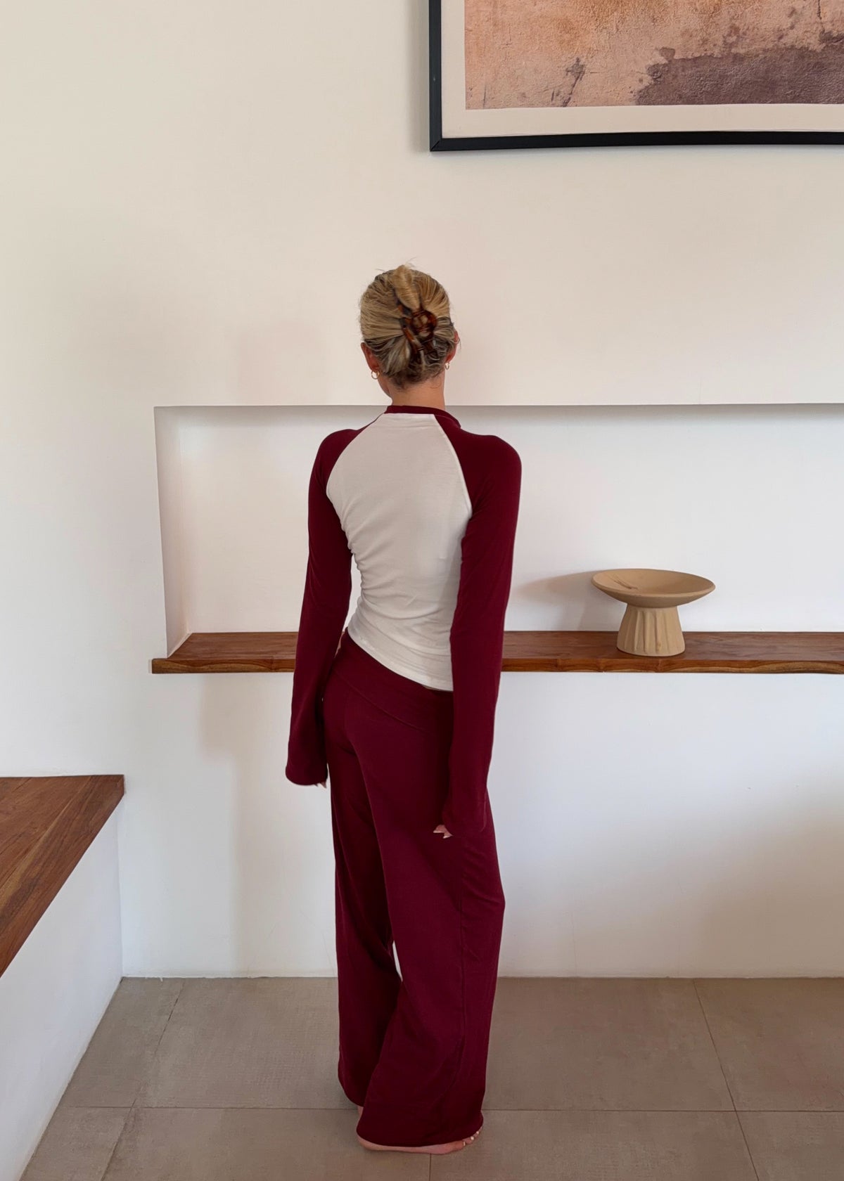 Straight Leg Cotton Trousers in Burgundy