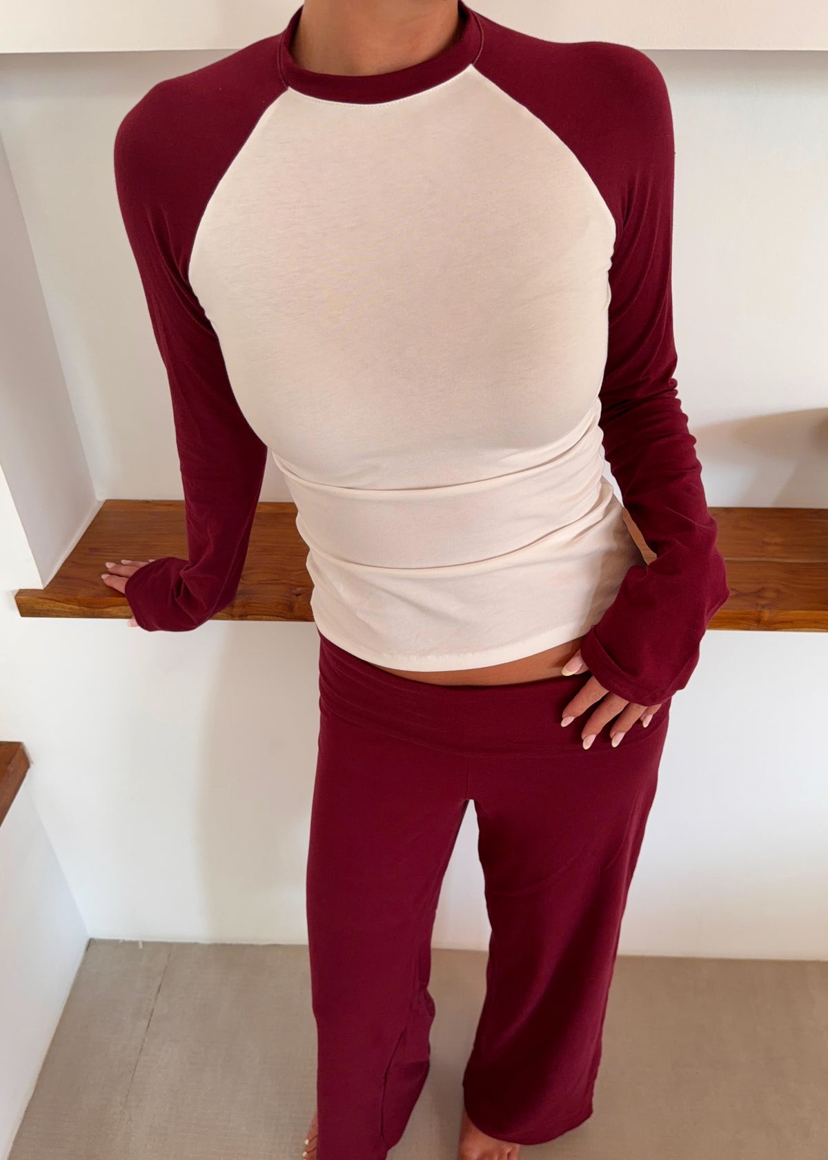 Straight Leg Cotton Trousers in Burgundy