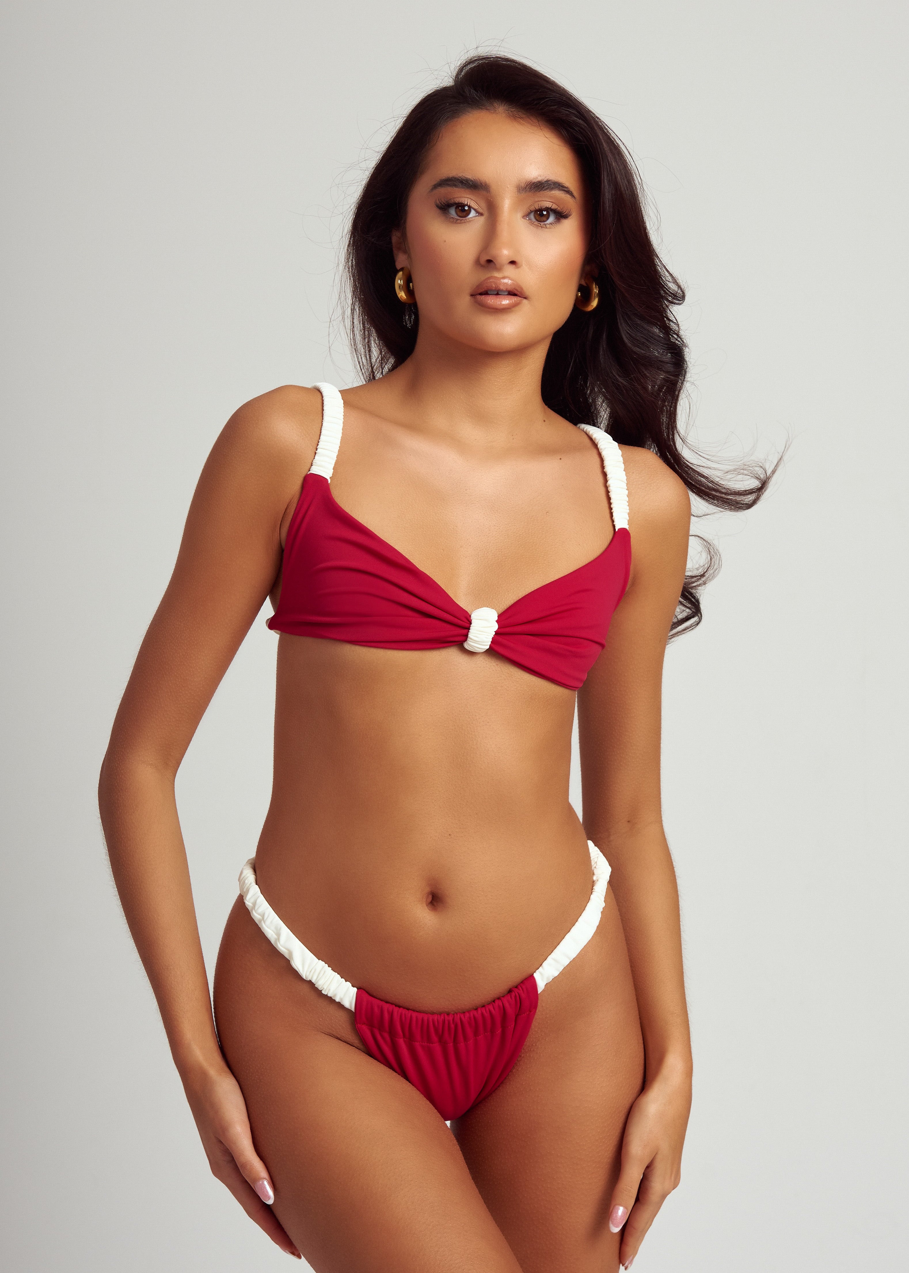 Ruched Bikini Bottoms in Red & Cream