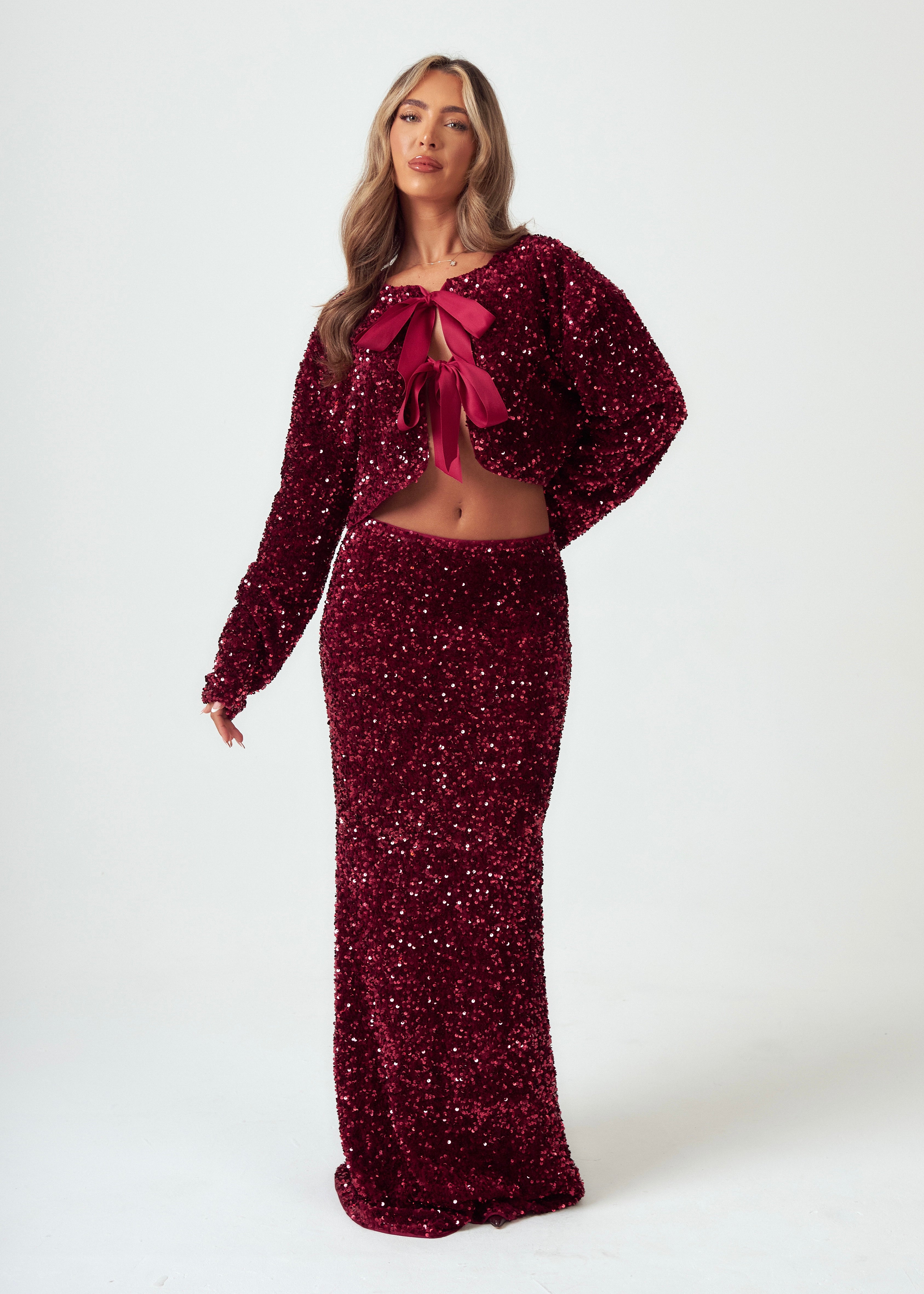 Sequin Bow Jacket in Burgundy