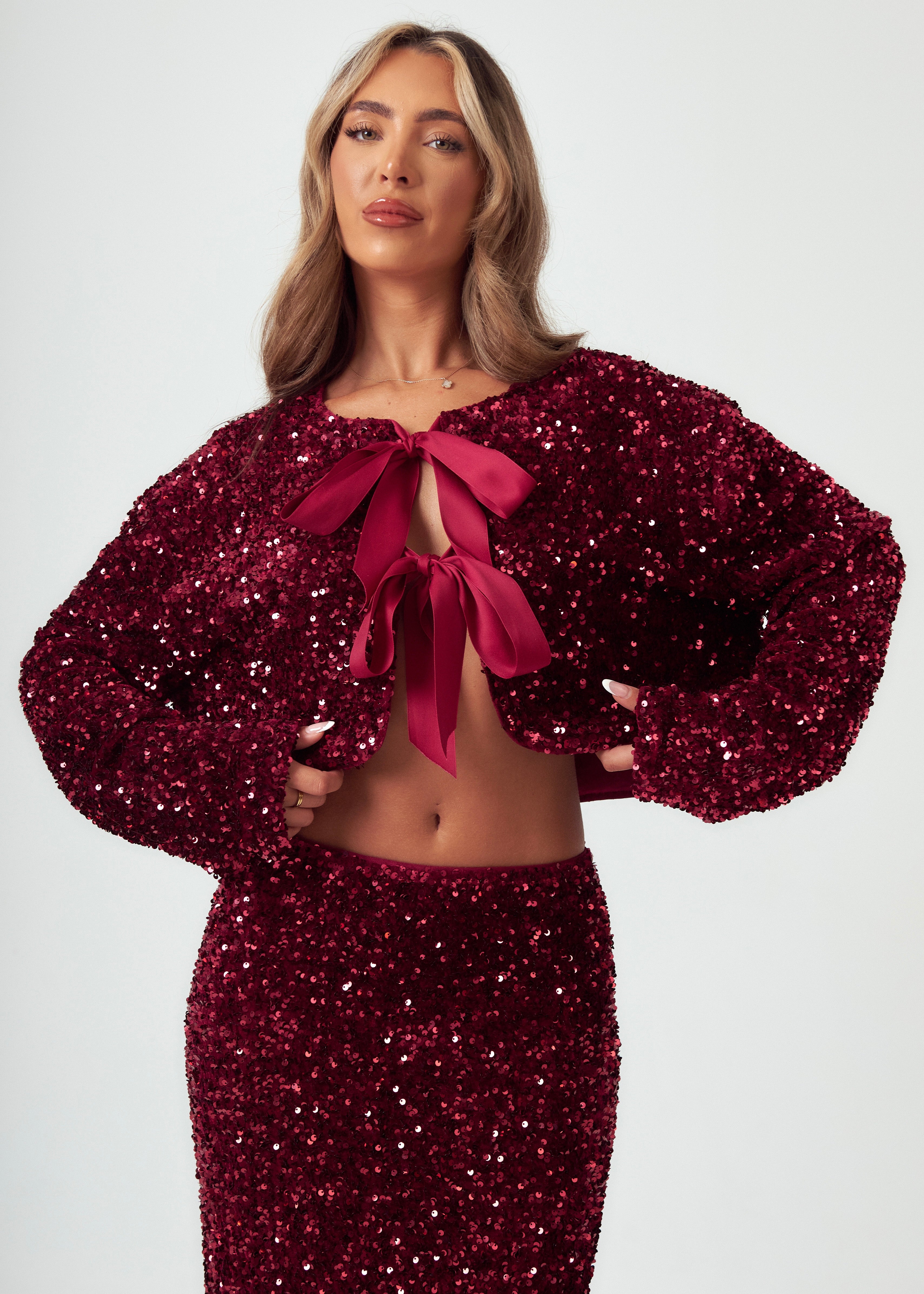Sequin Bow Jacket in Burgundy