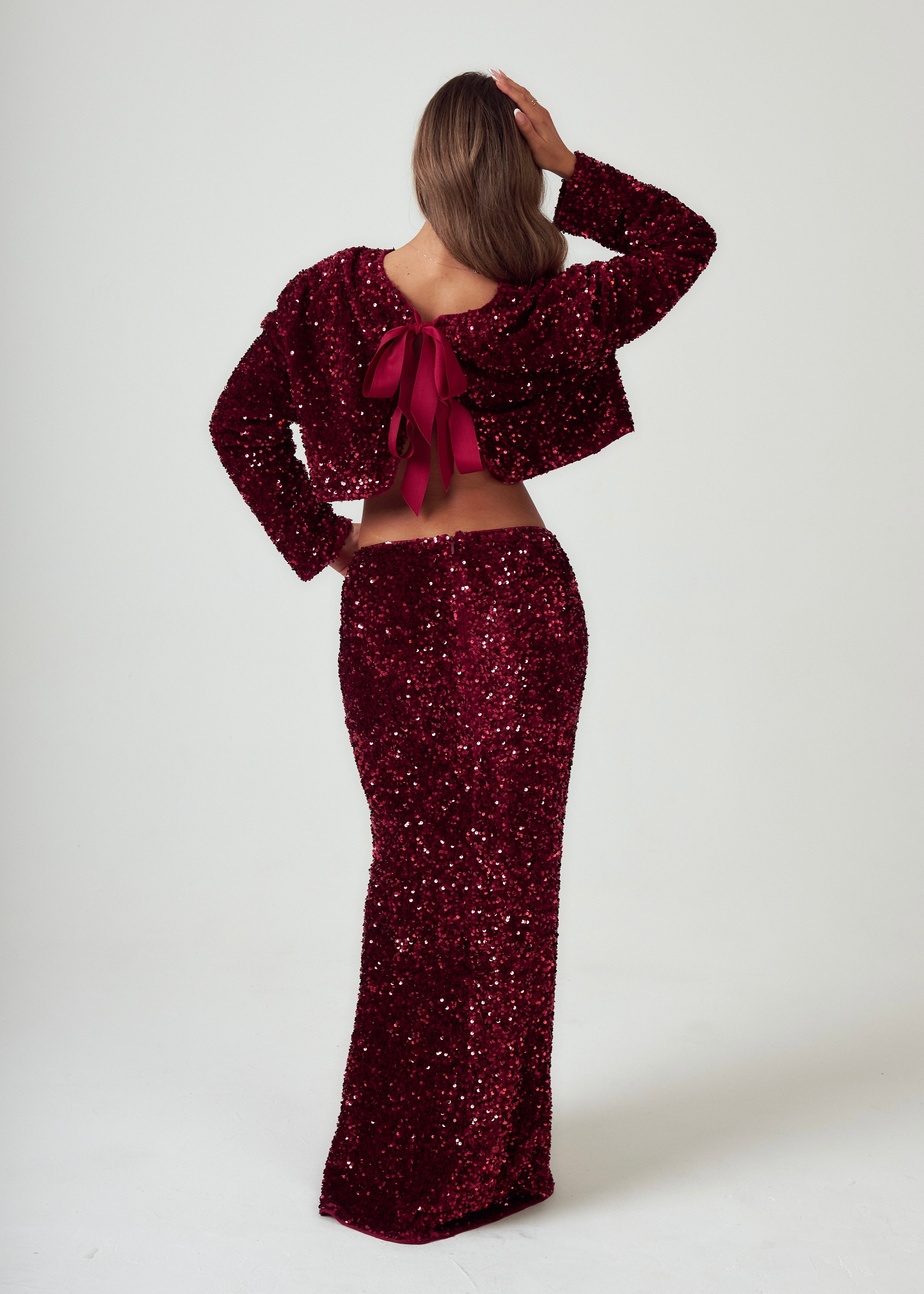 Sequin Maxi Skirt in Burgundy