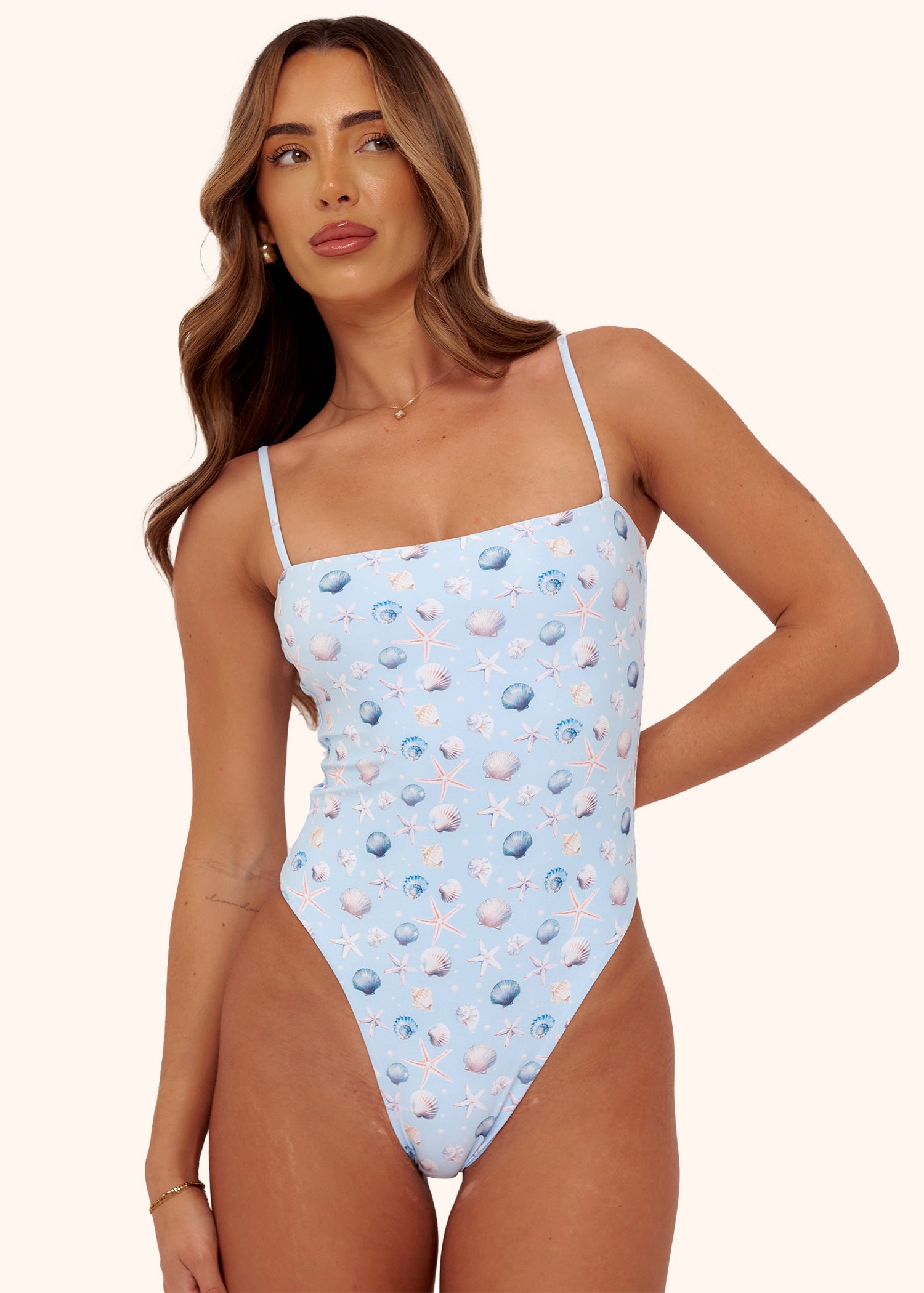 Square Neck Swimsuit in Blue Seashell