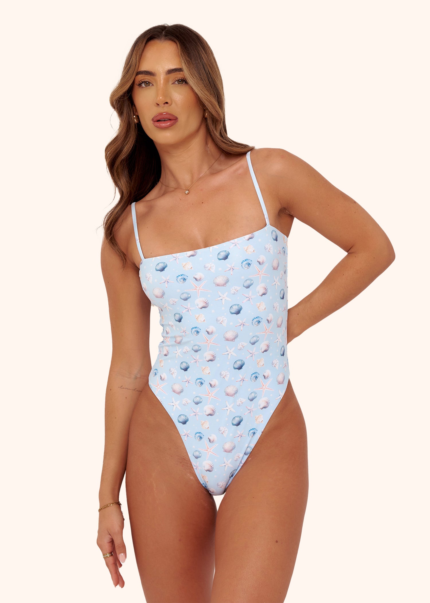 Square Neck Swimsuit in Blue Seashell