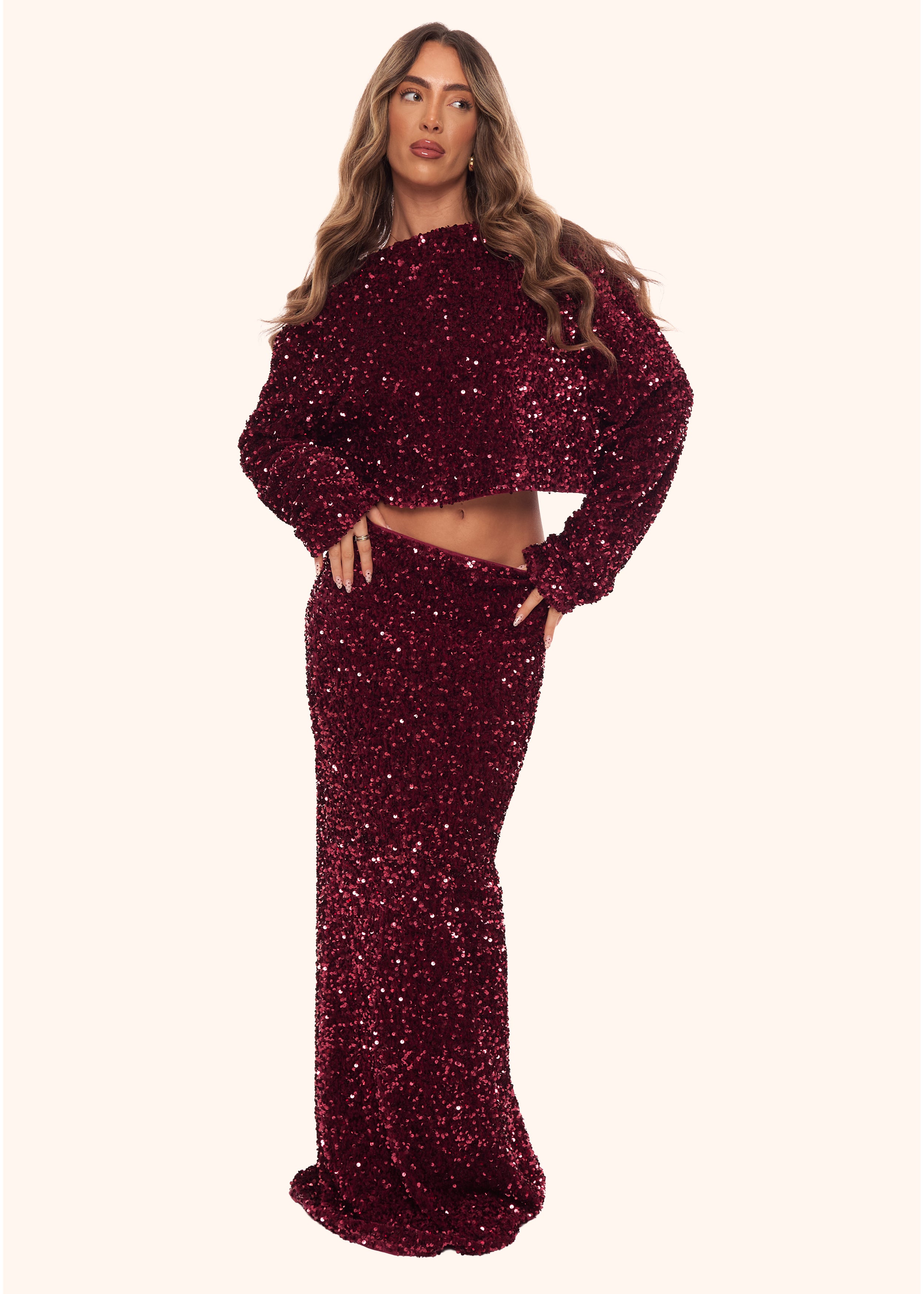 Sequin Maxi Skirt in Burgundy