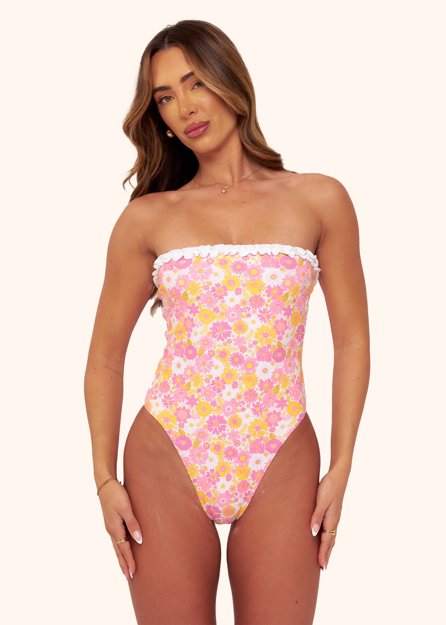 Ruffle Swimsuit in Pink and White Floral