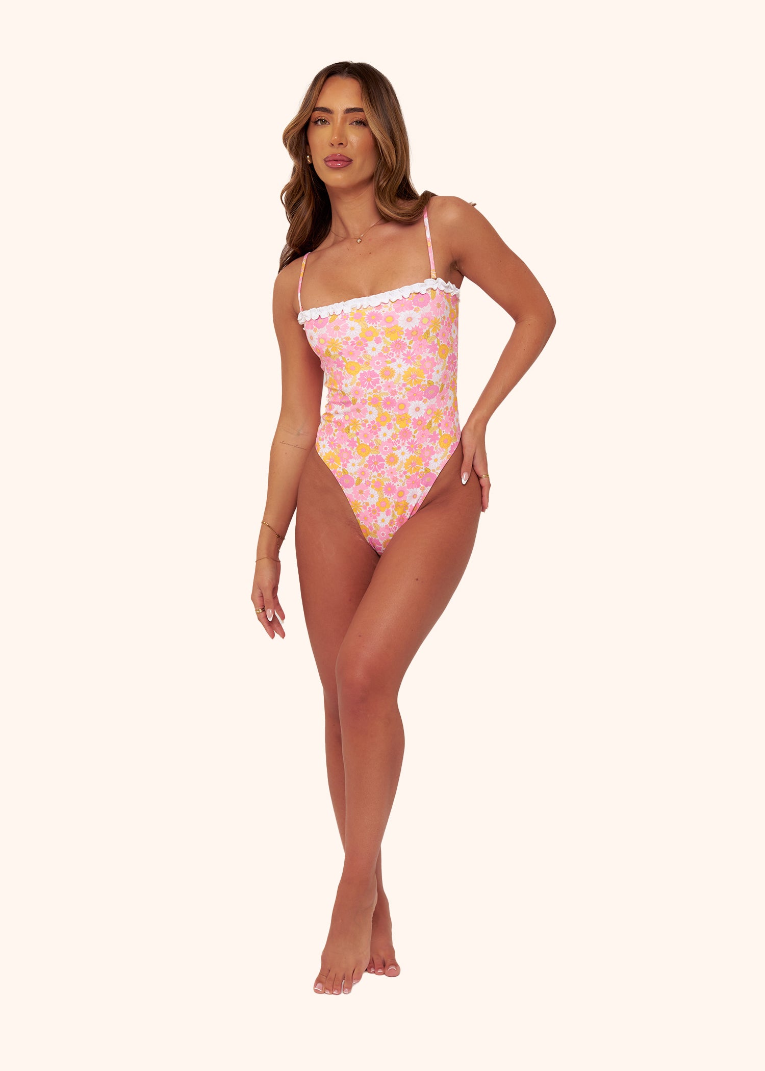 Ruffle Swimsuit in Pink and White Floral