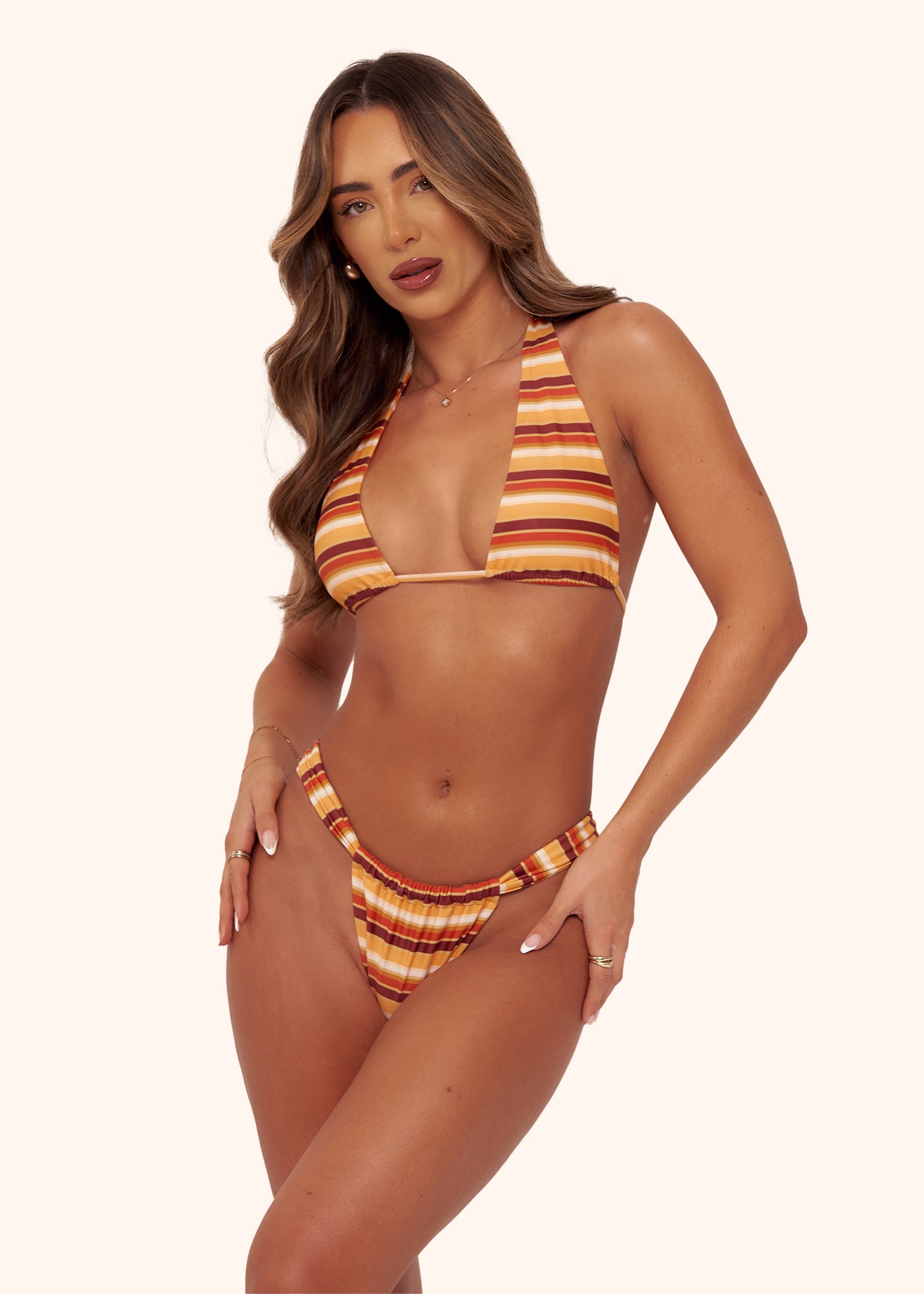 Ruched Bikini Bottoms in Mango Stripe