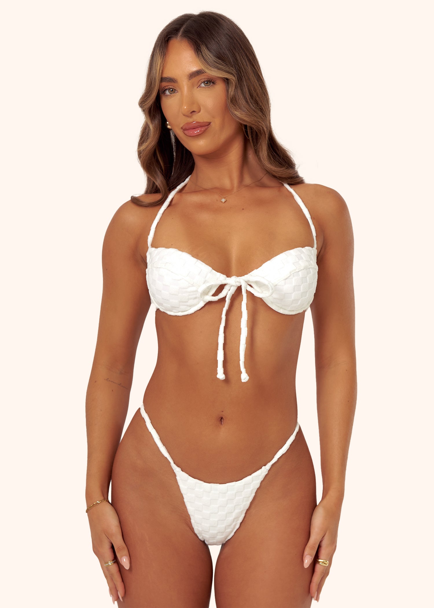 Thong Bikini Bottoms in White Towelling