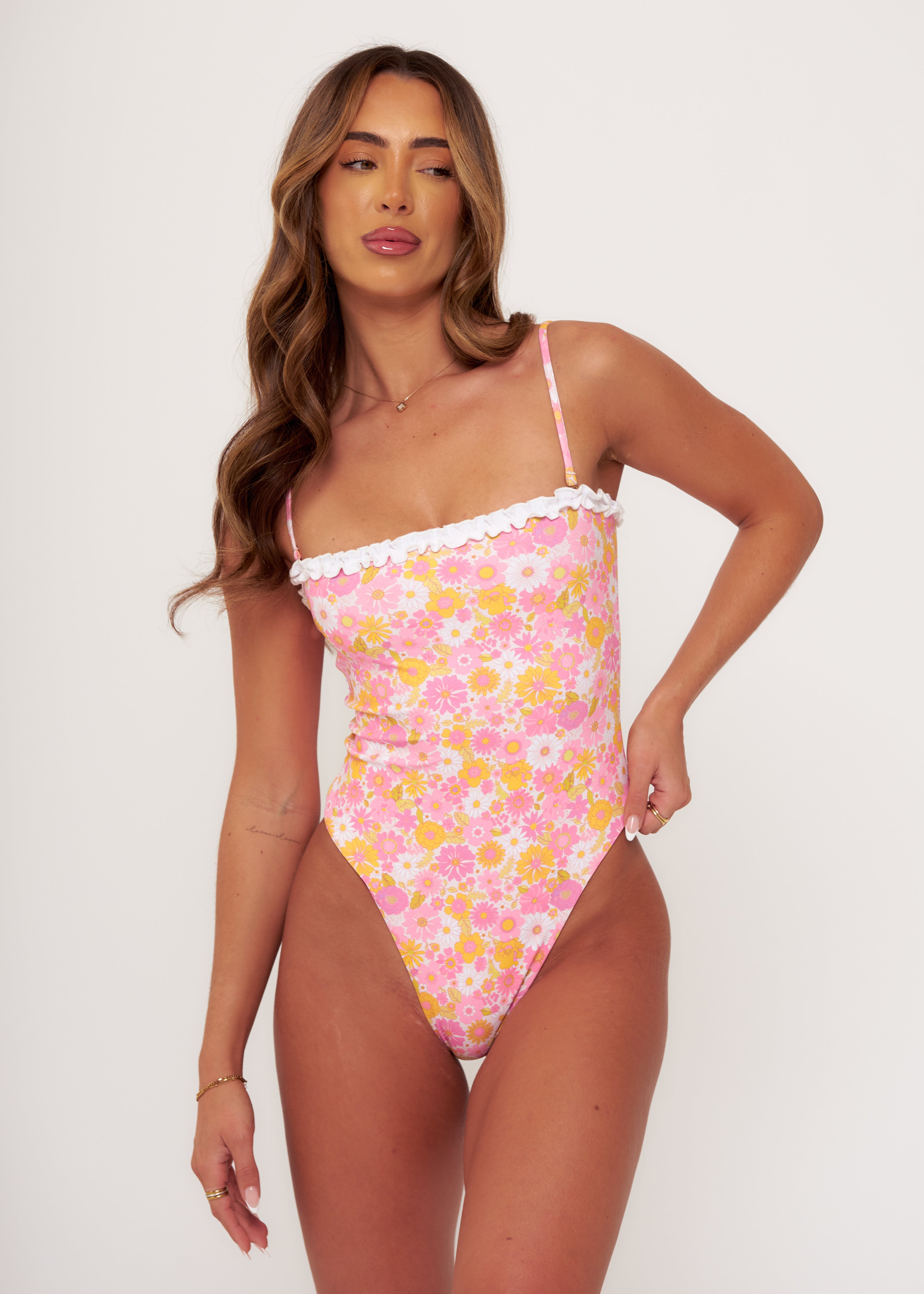 Ruffle Swimsuit in Pink and White Floral (Pre-Order)