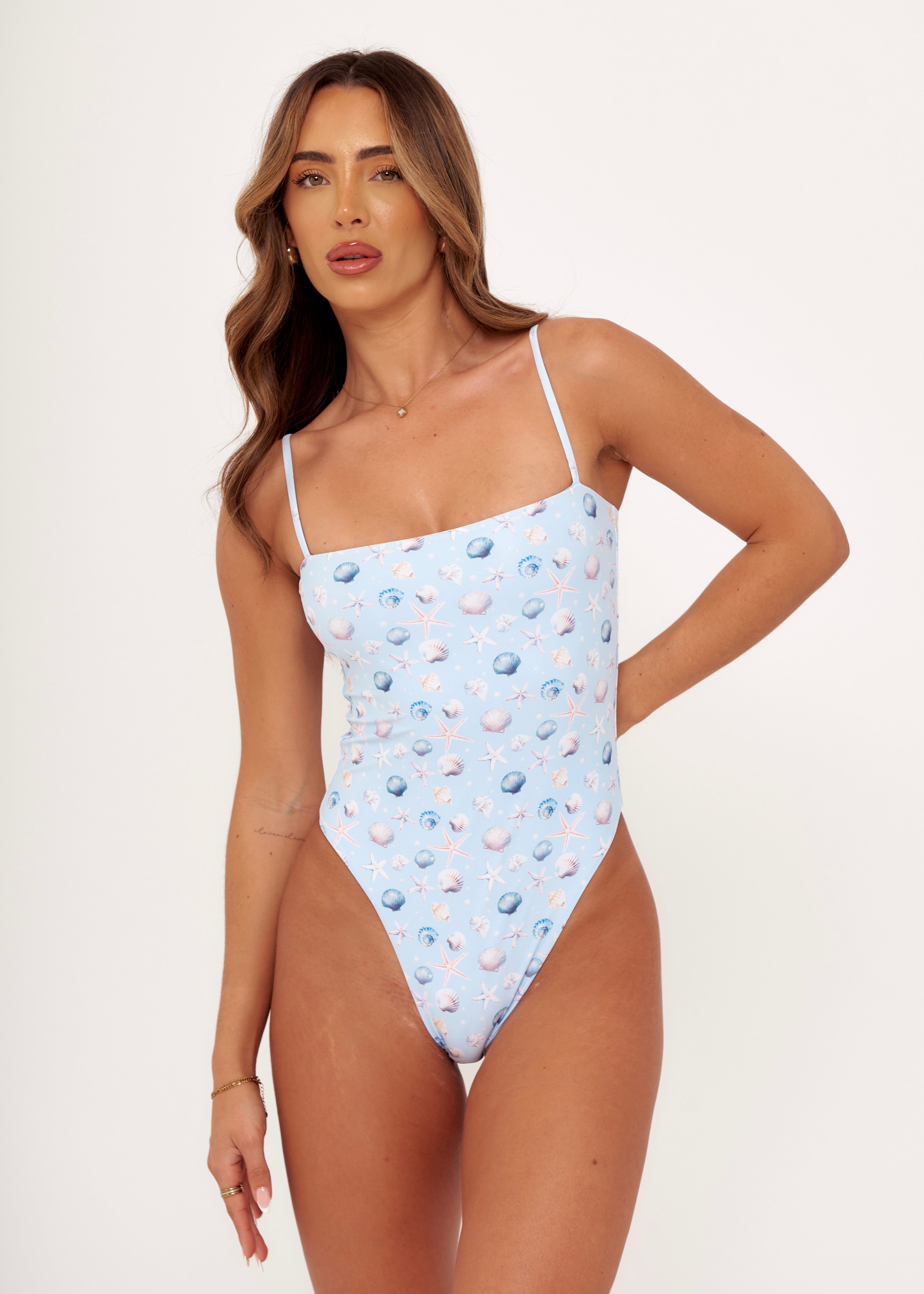 Square Neck Swimsuit in Blue Seashell