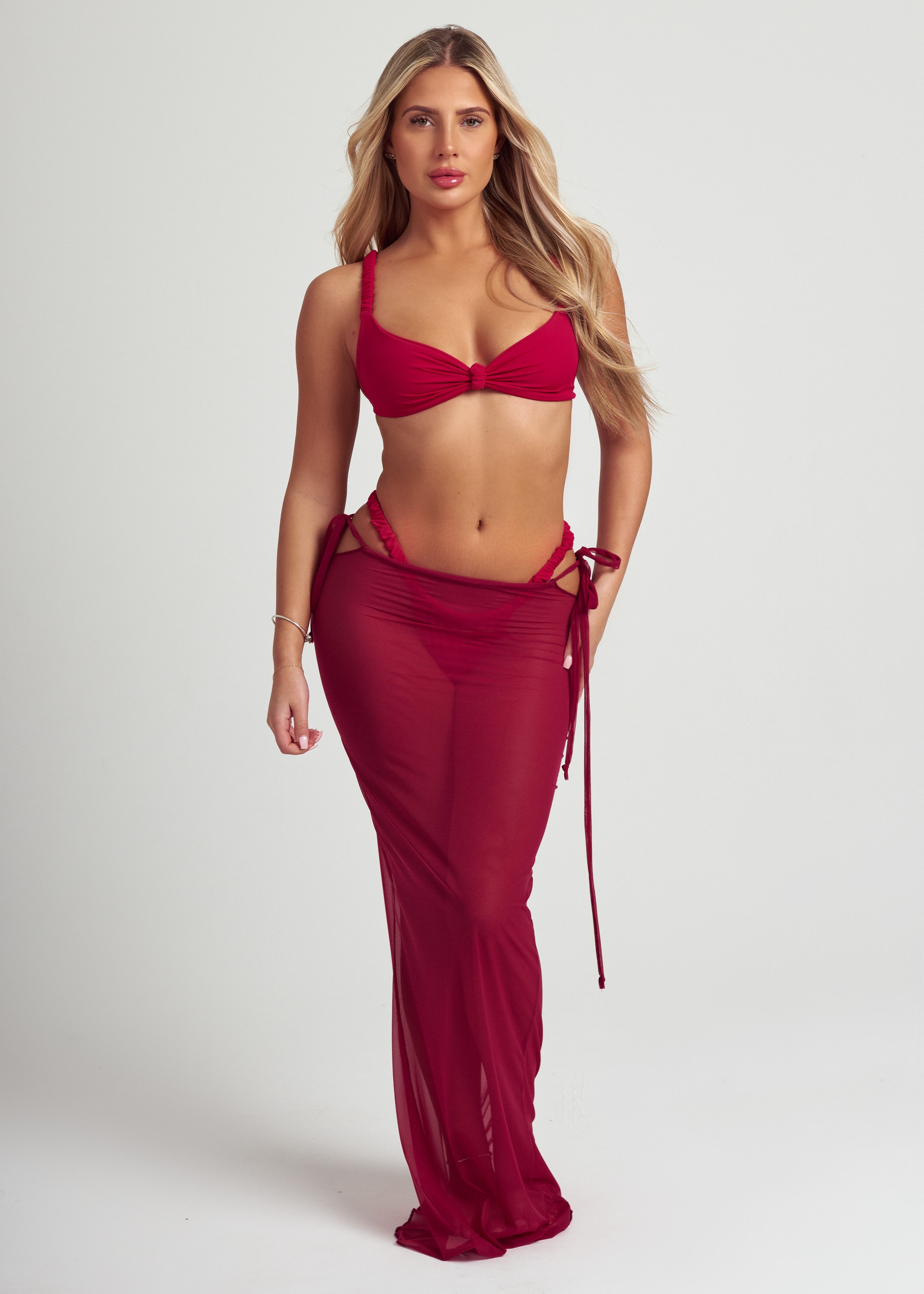 Mesh Maxi Skirt in Deep Red
