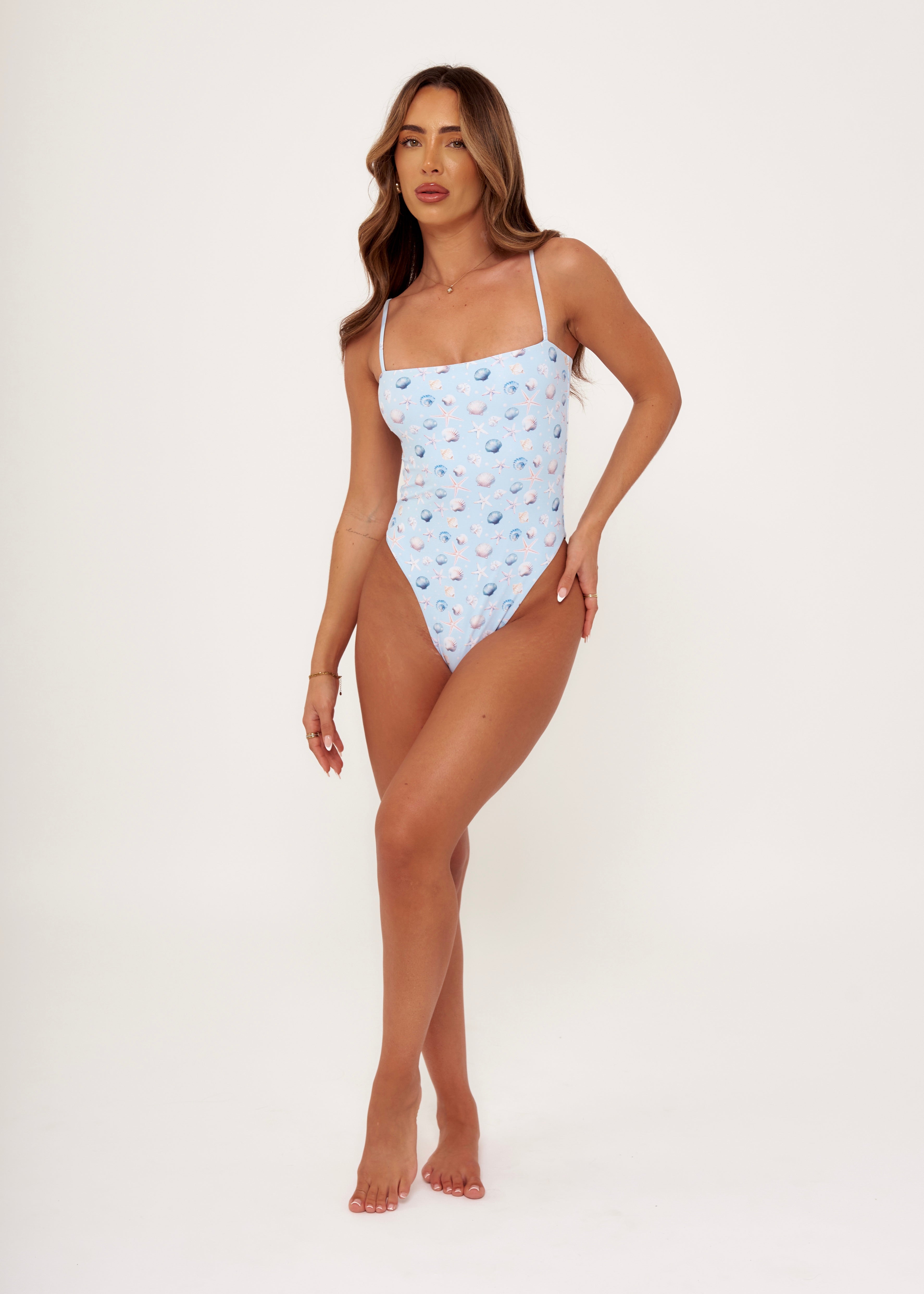 Square Neck Swimsuit in Blue Seashell