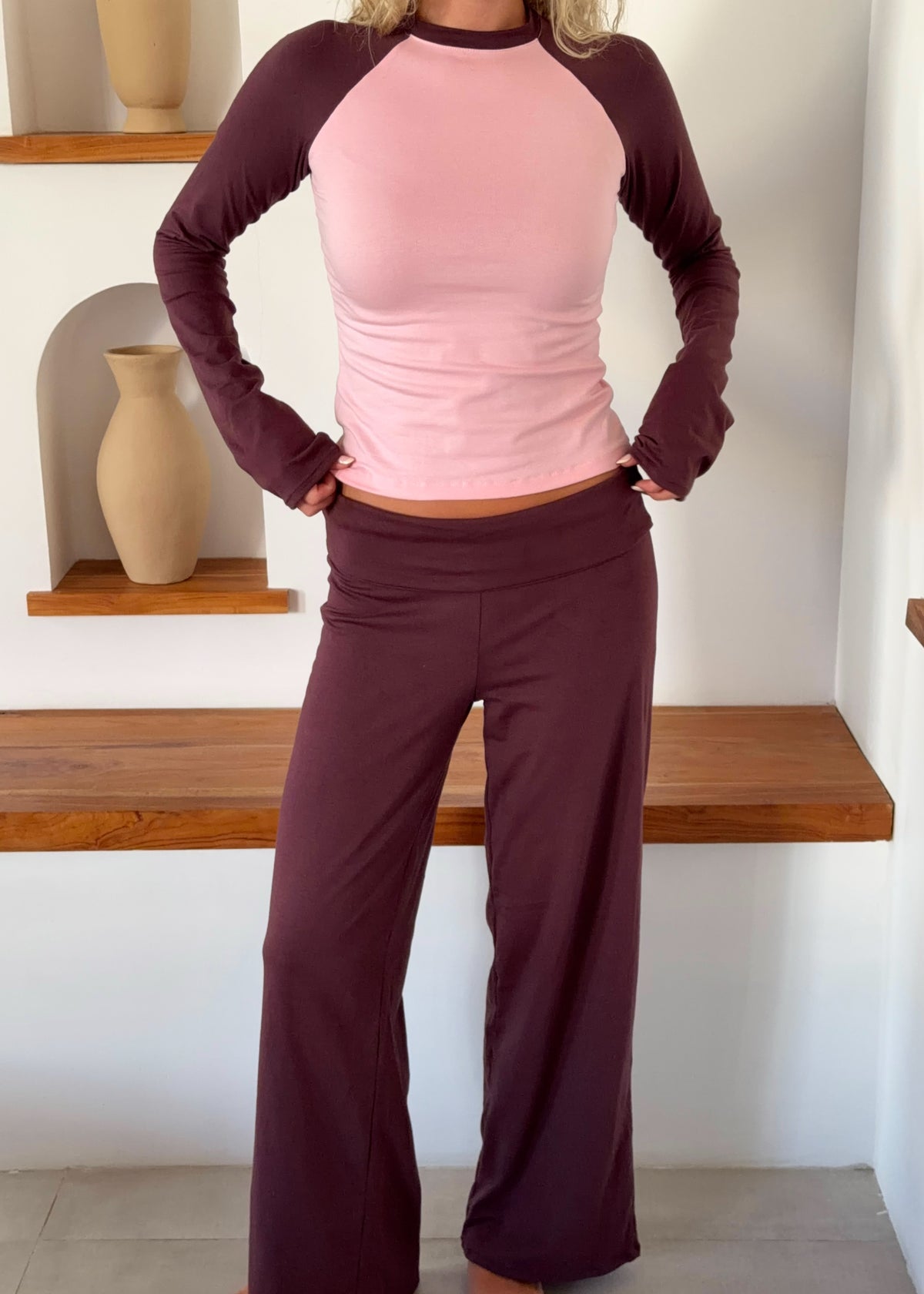 Raglan Cotton T-Shirt in Brown and Pink