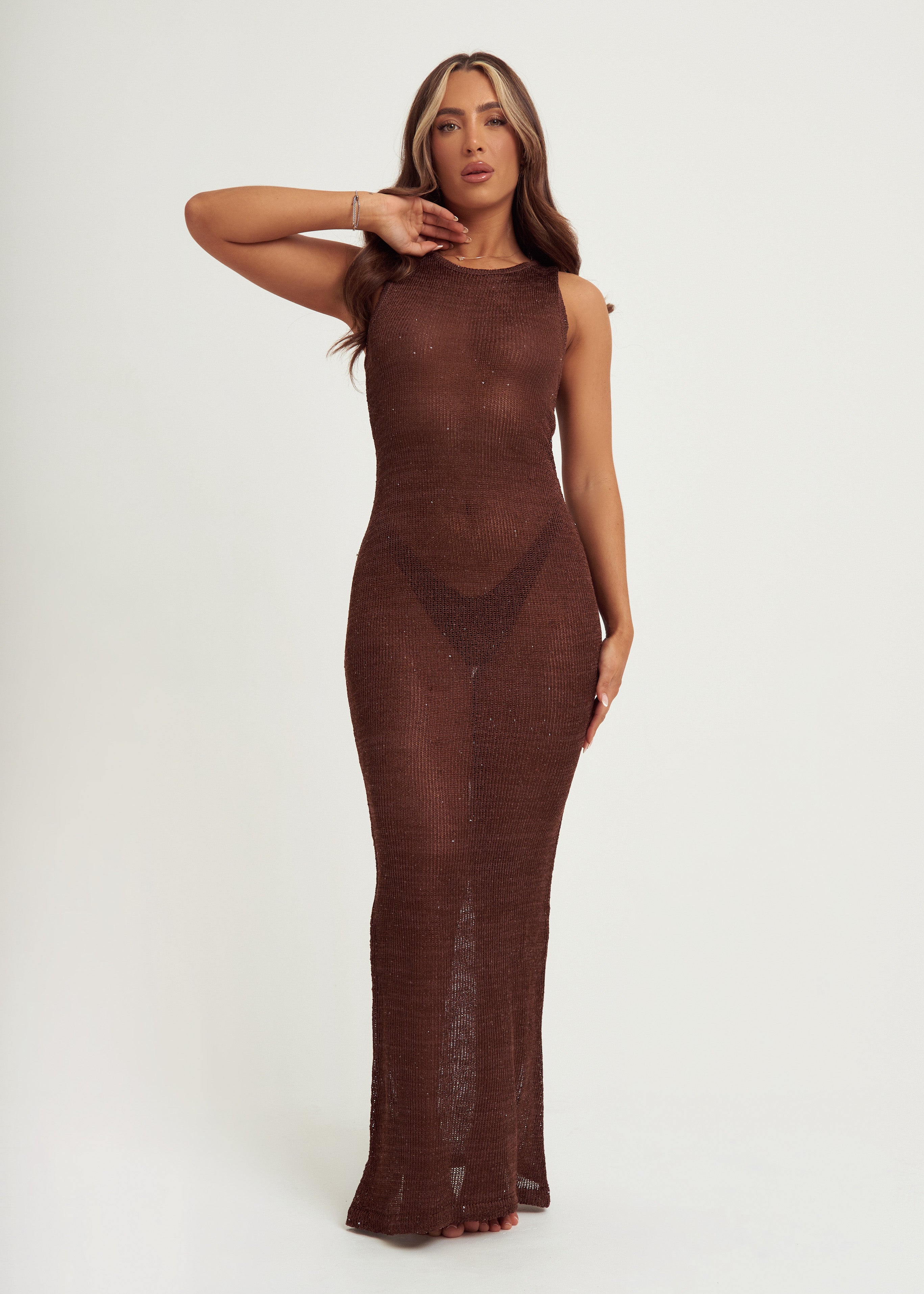 Sparkle Knit Maxi Dress in Brown