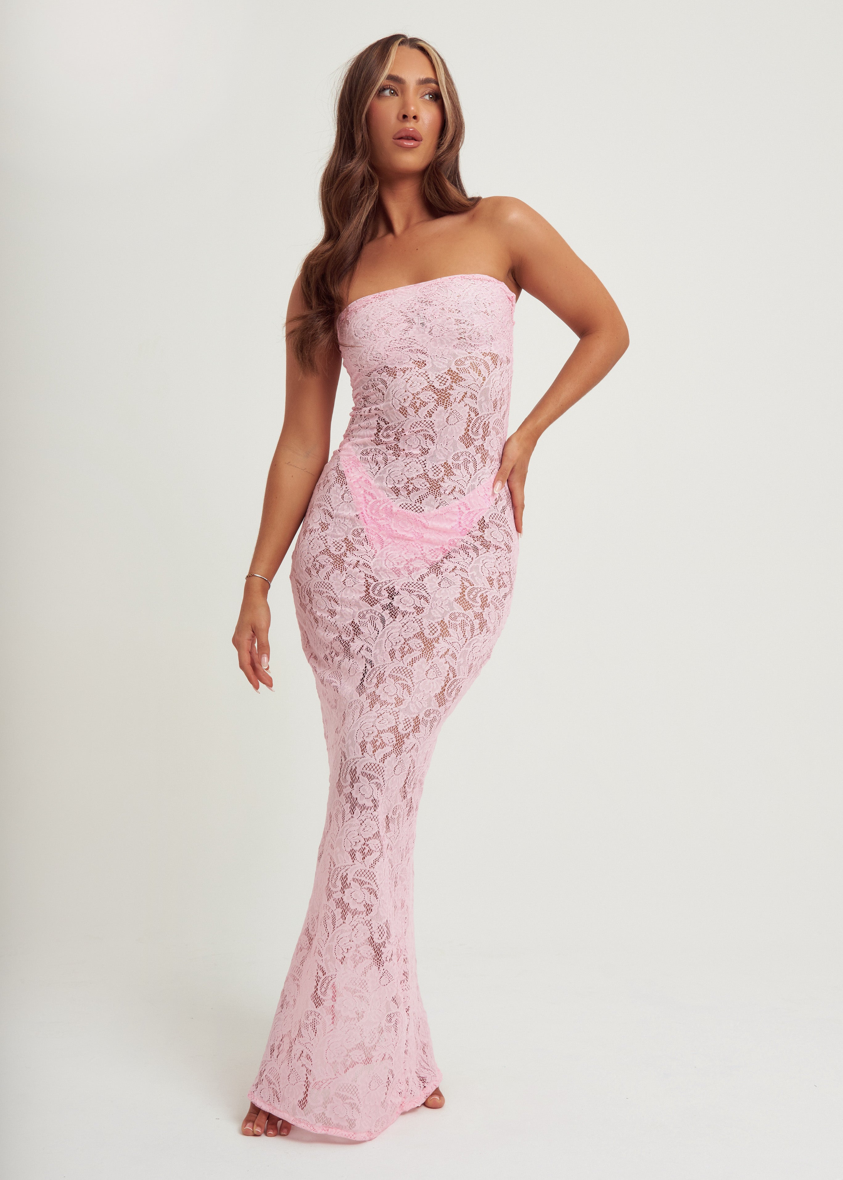 Lace Maxi Dress in Baby Pink