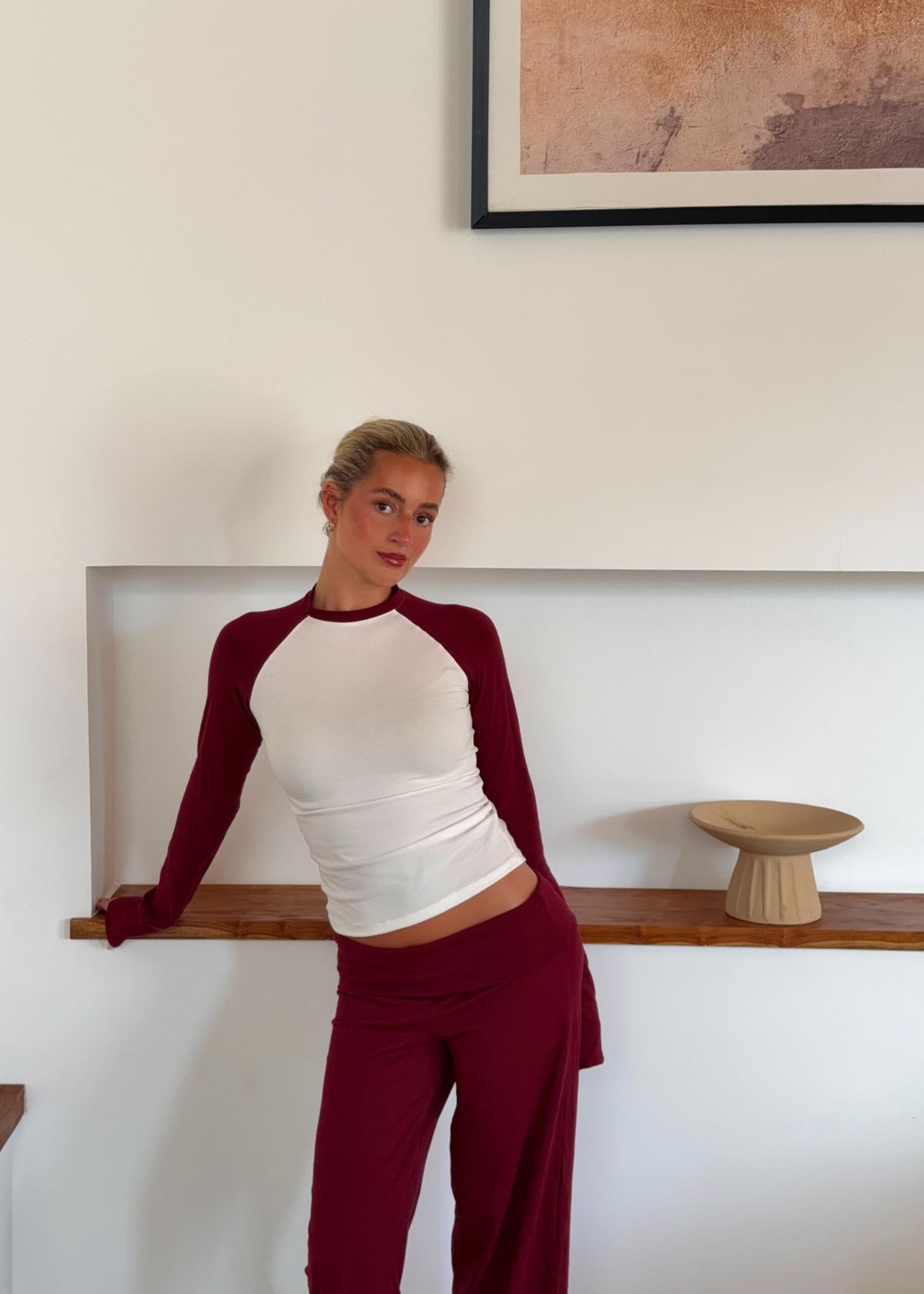 Raglan Cotton T-Shirt in Burgundy and Cream