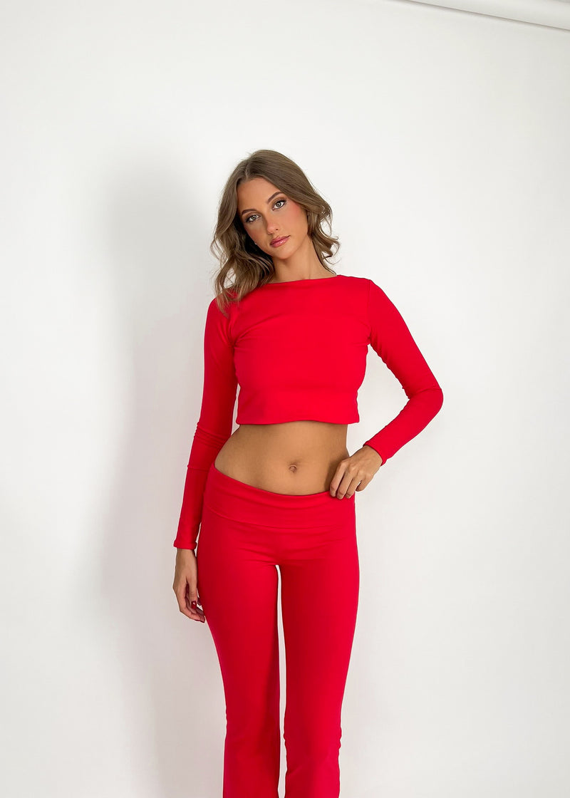 Red Cotton Long Sleeve Top