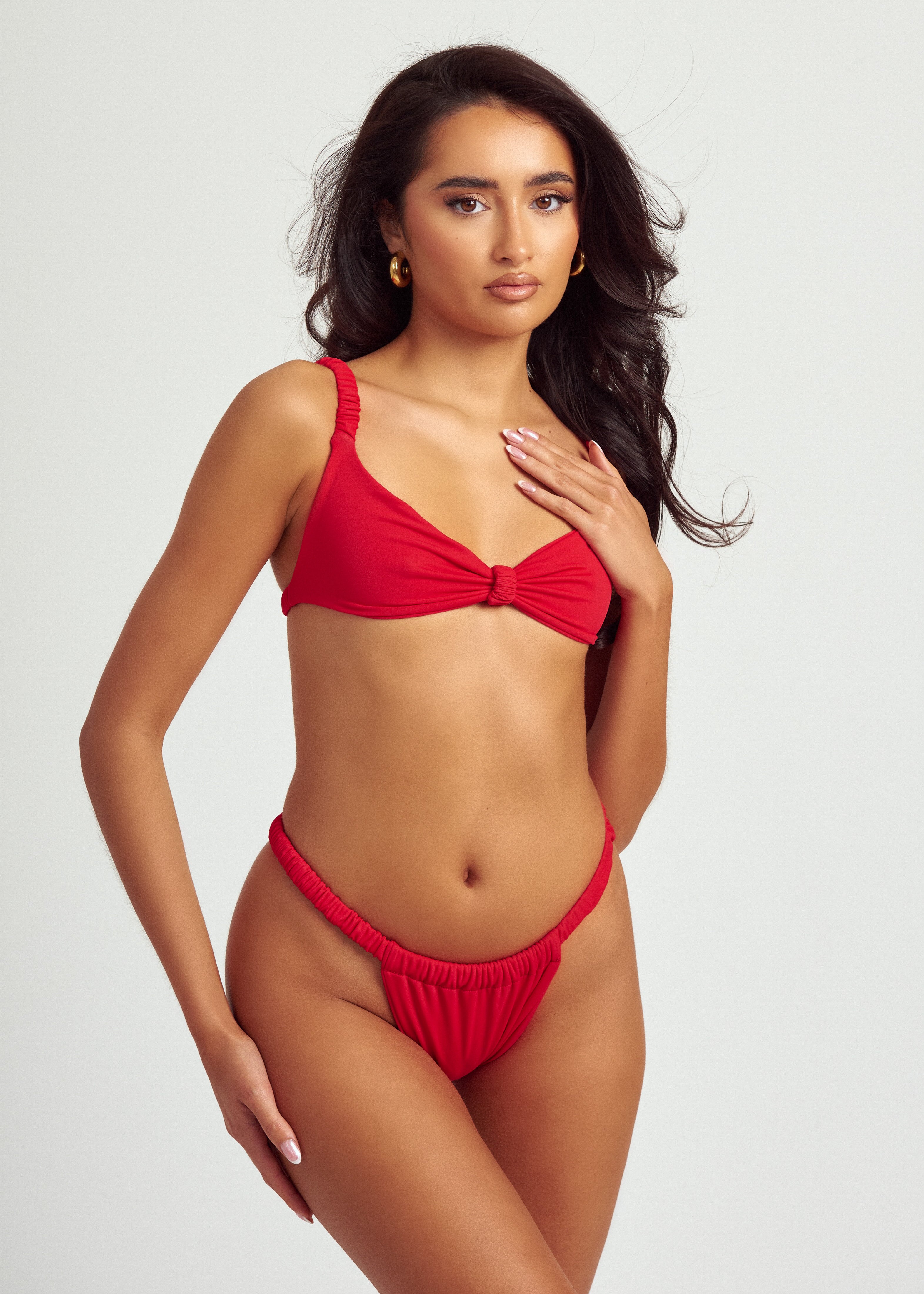 Ruched Bikini Bottoms in Cherry Red