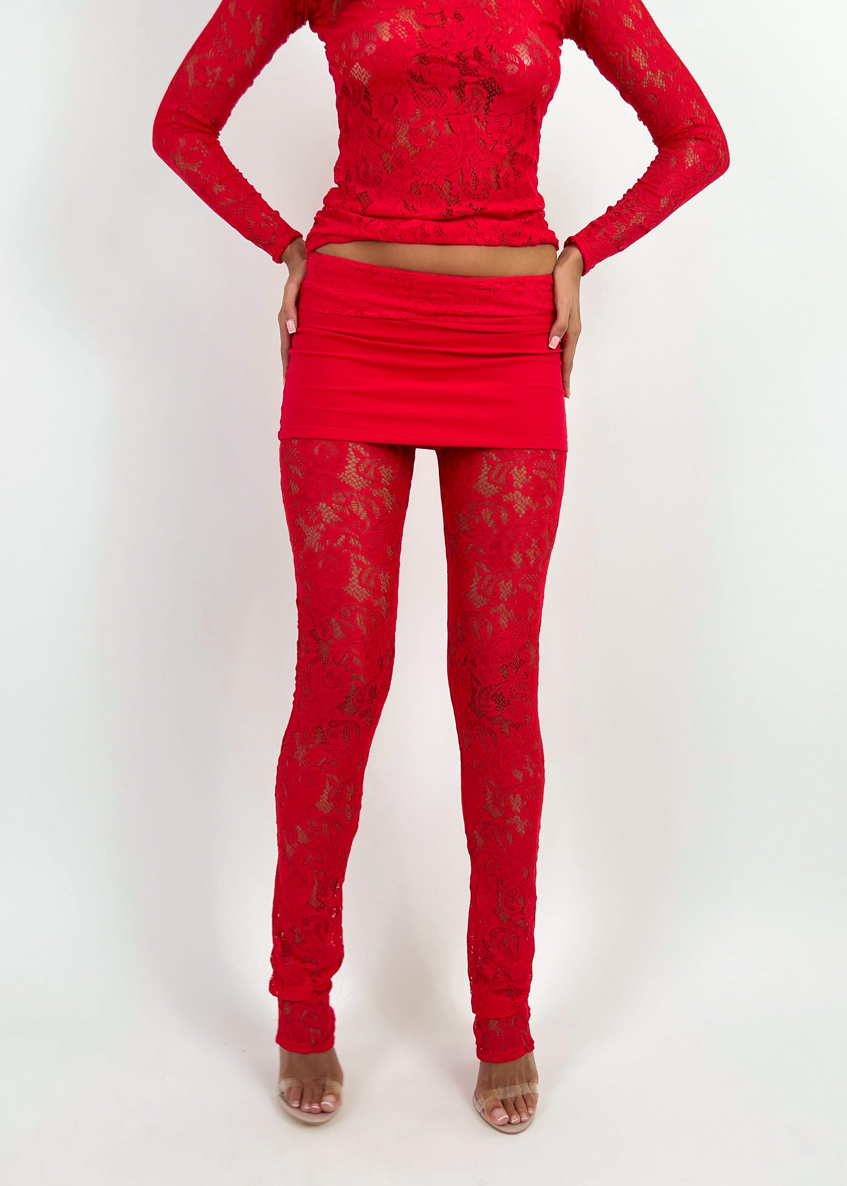 Red Lace Fold Over Trousers