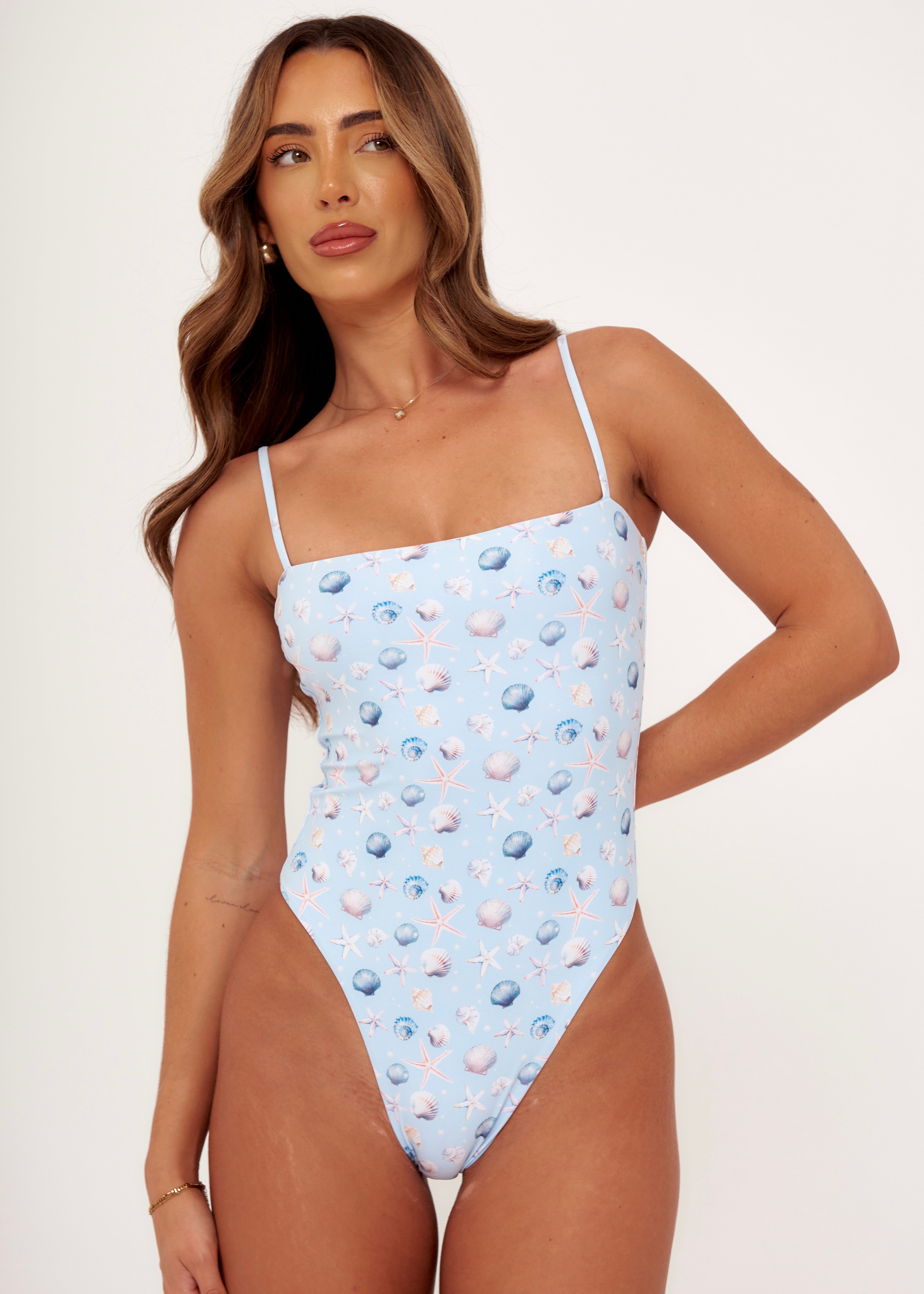 Square Neck Swimsuit in Blue Seashell