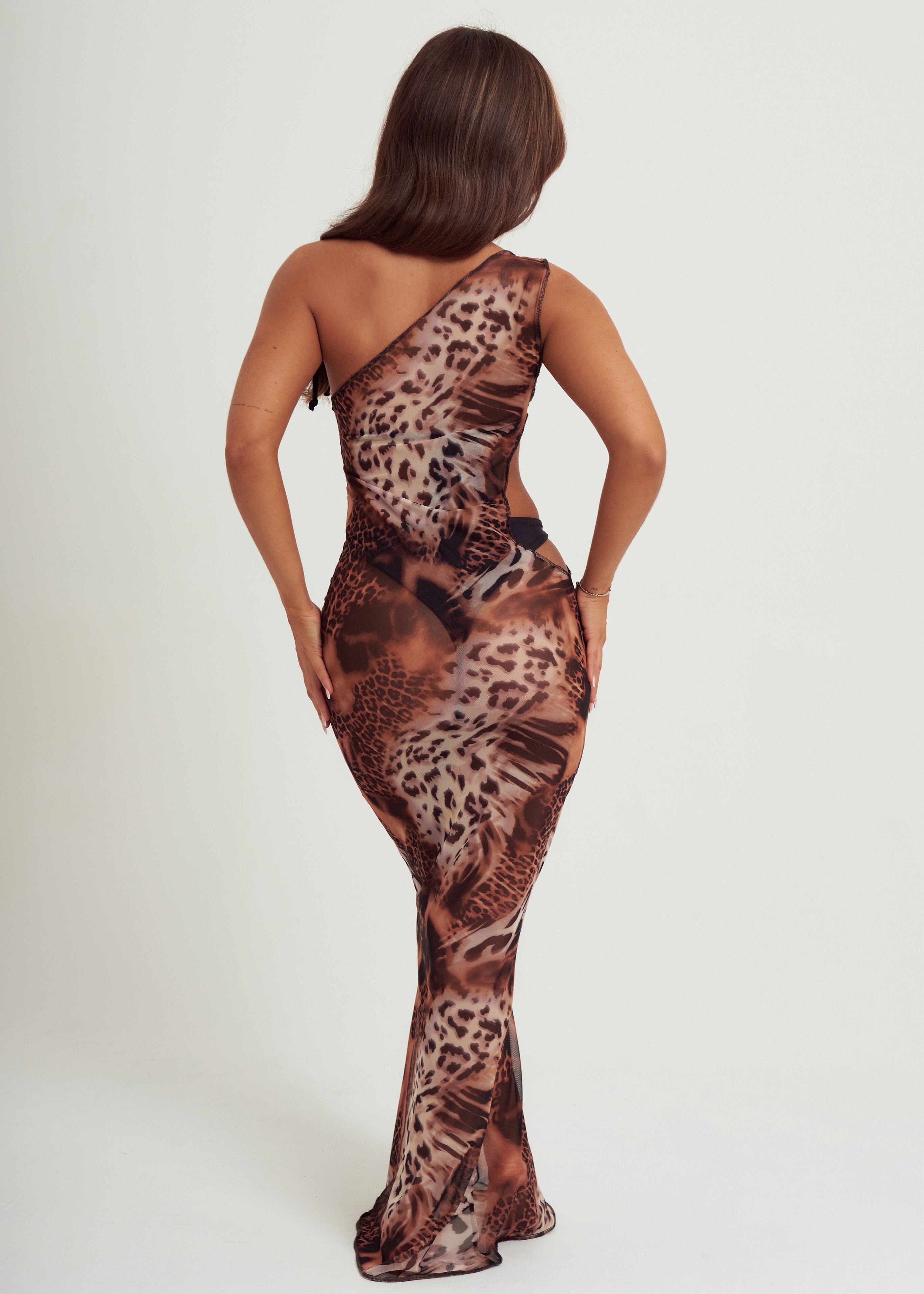 Mesh Maxi Cut Out Dress in Leopard