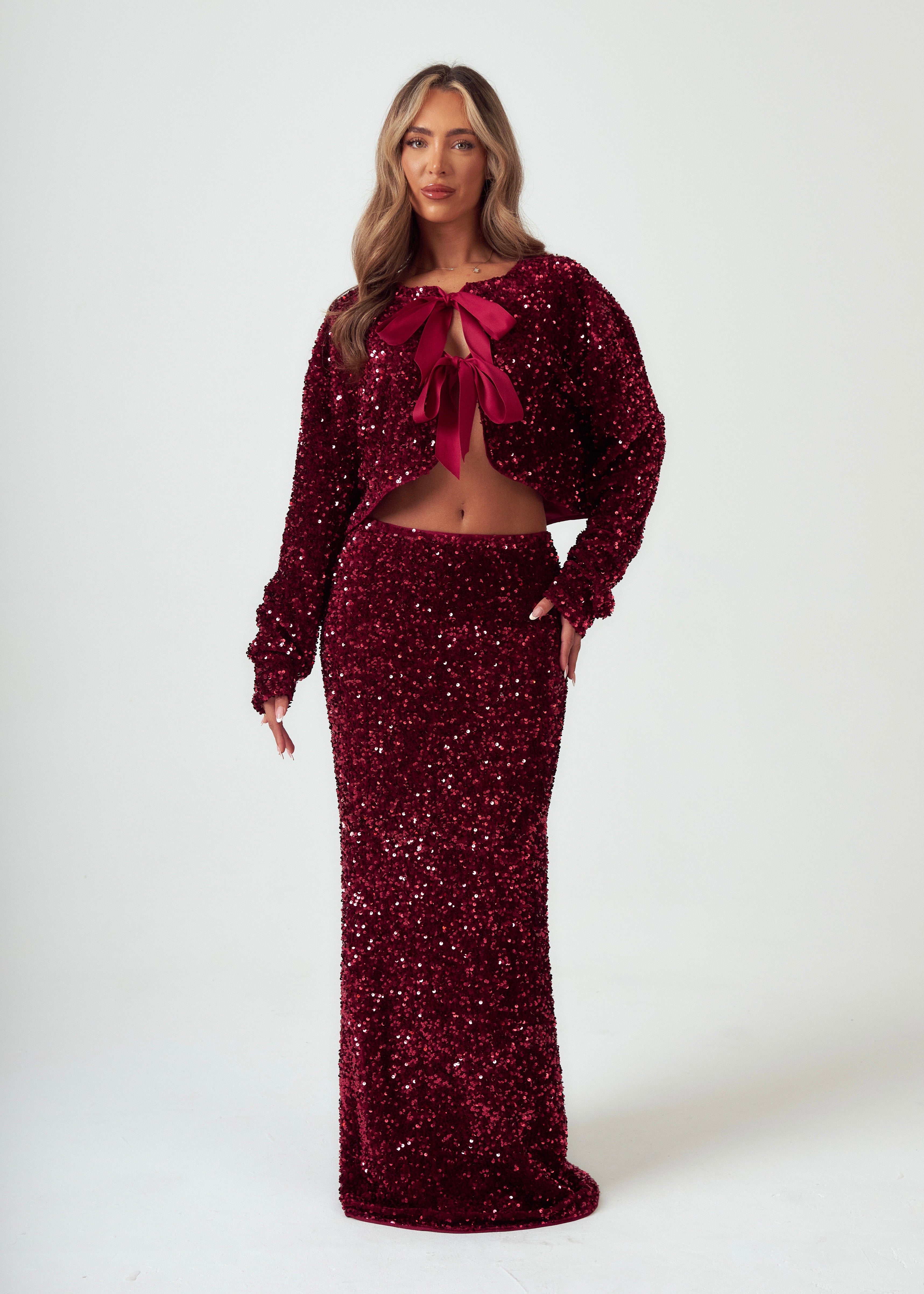 Sequin Maxi Skirt in Burgundy