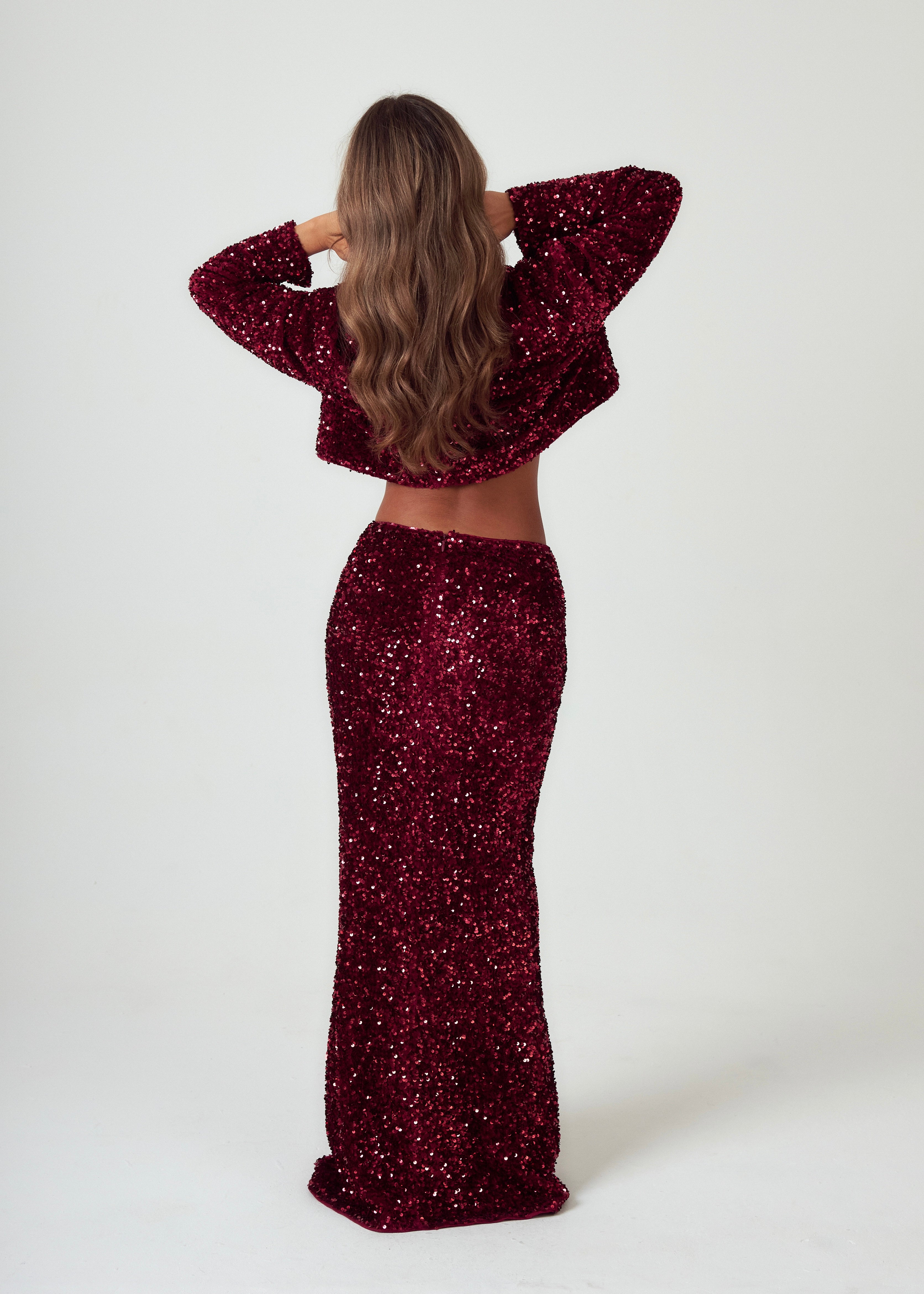 Sequin Maxi Skirt in Burgundy