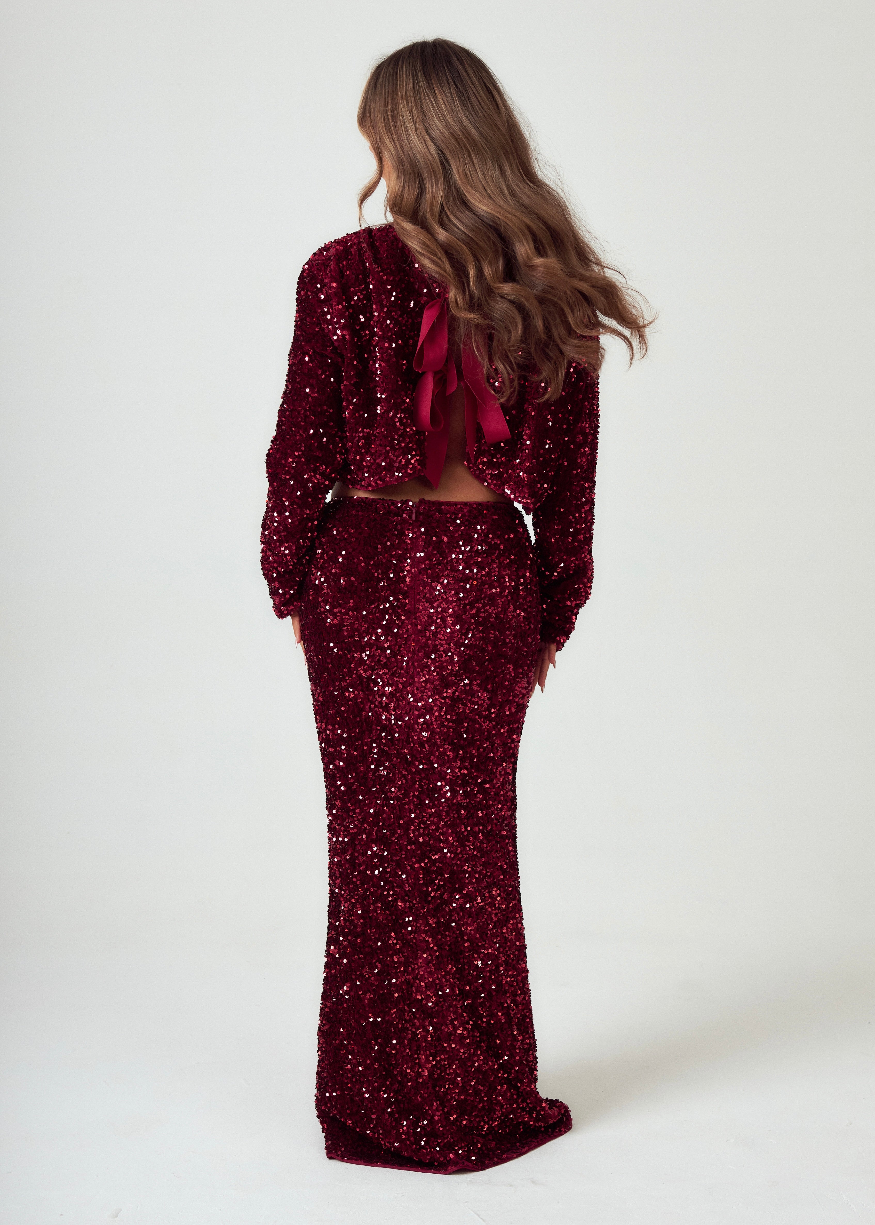 Sequin Maxi Skirt in Burgundy