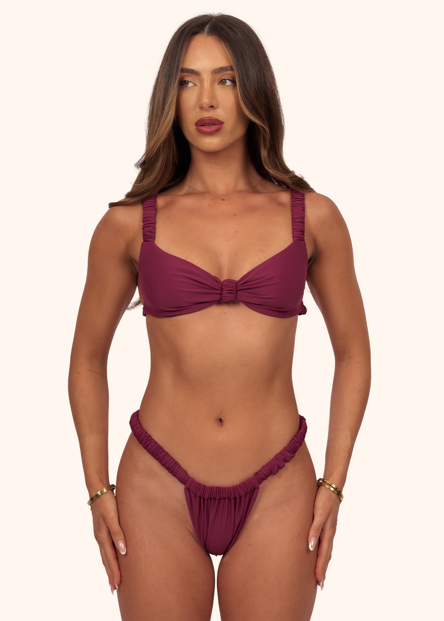 Ruched Bikini Bottoms in Burgundy