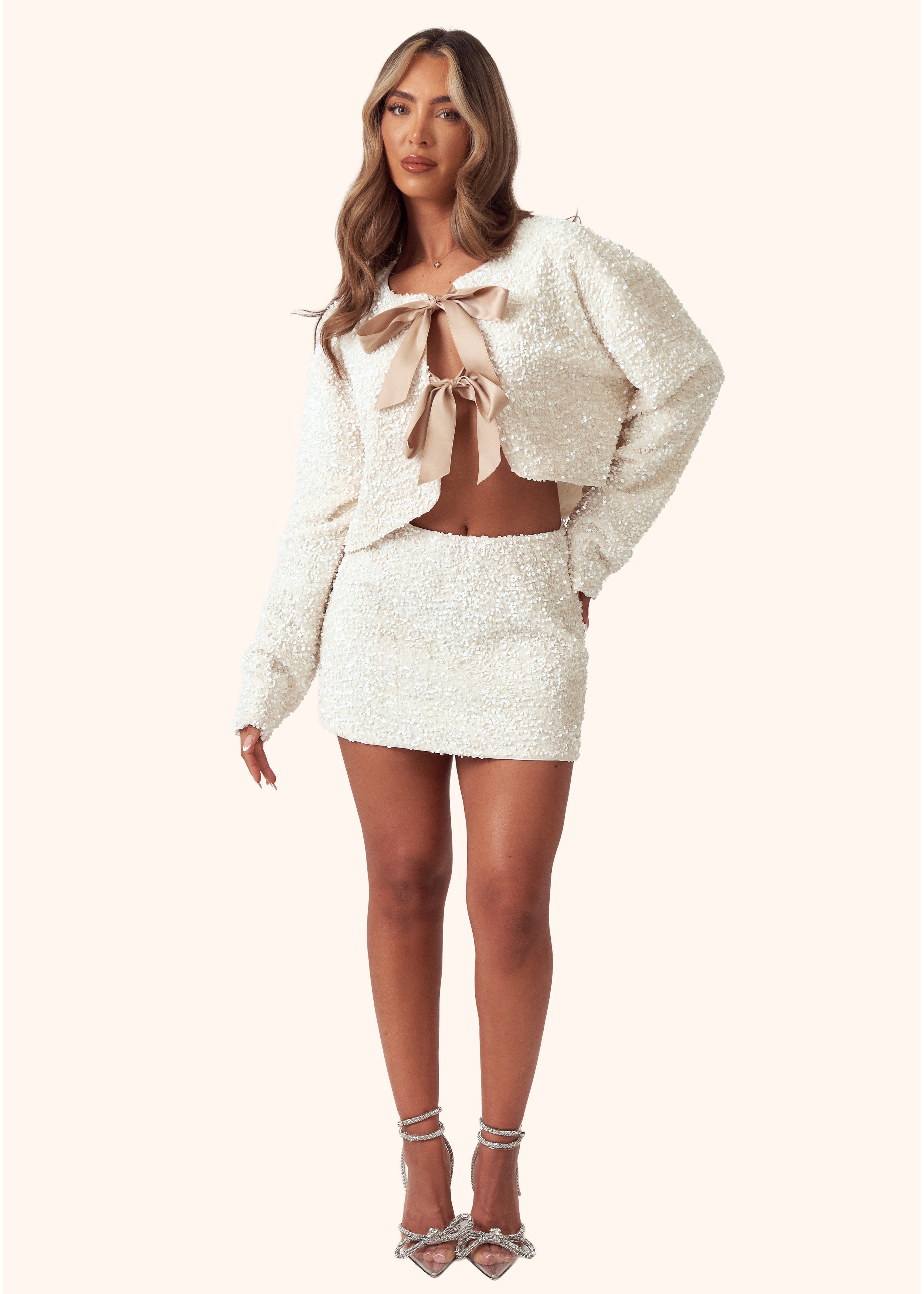 Sequin Bow Jacket in Cream