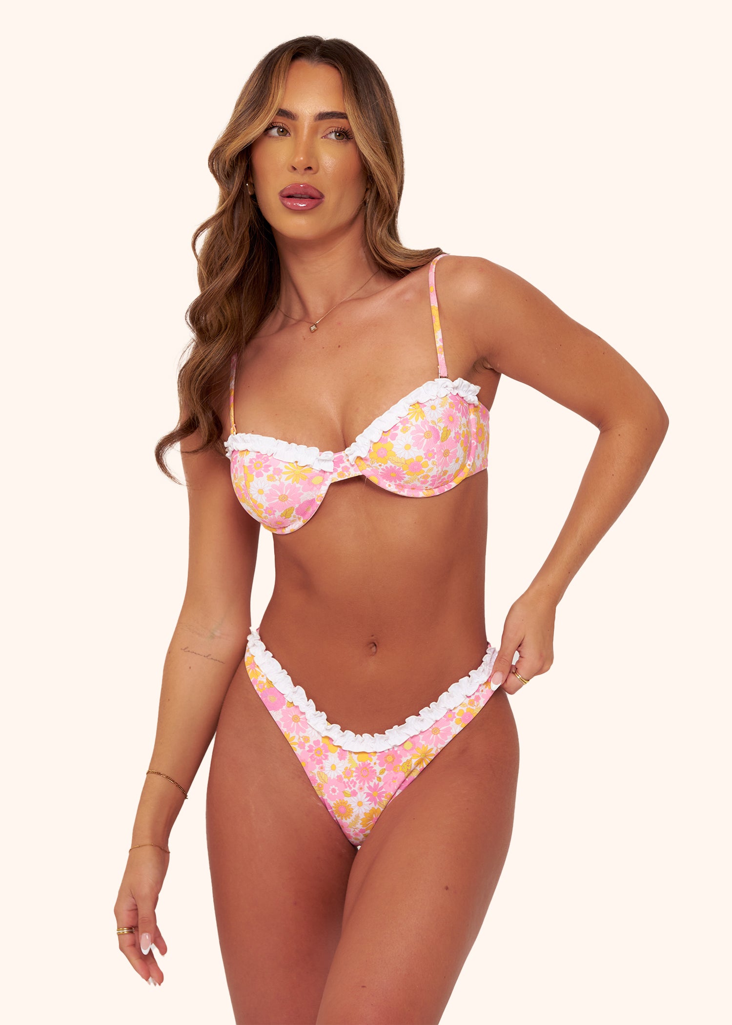 Ruffle Bikini Top in Pink and White Floral