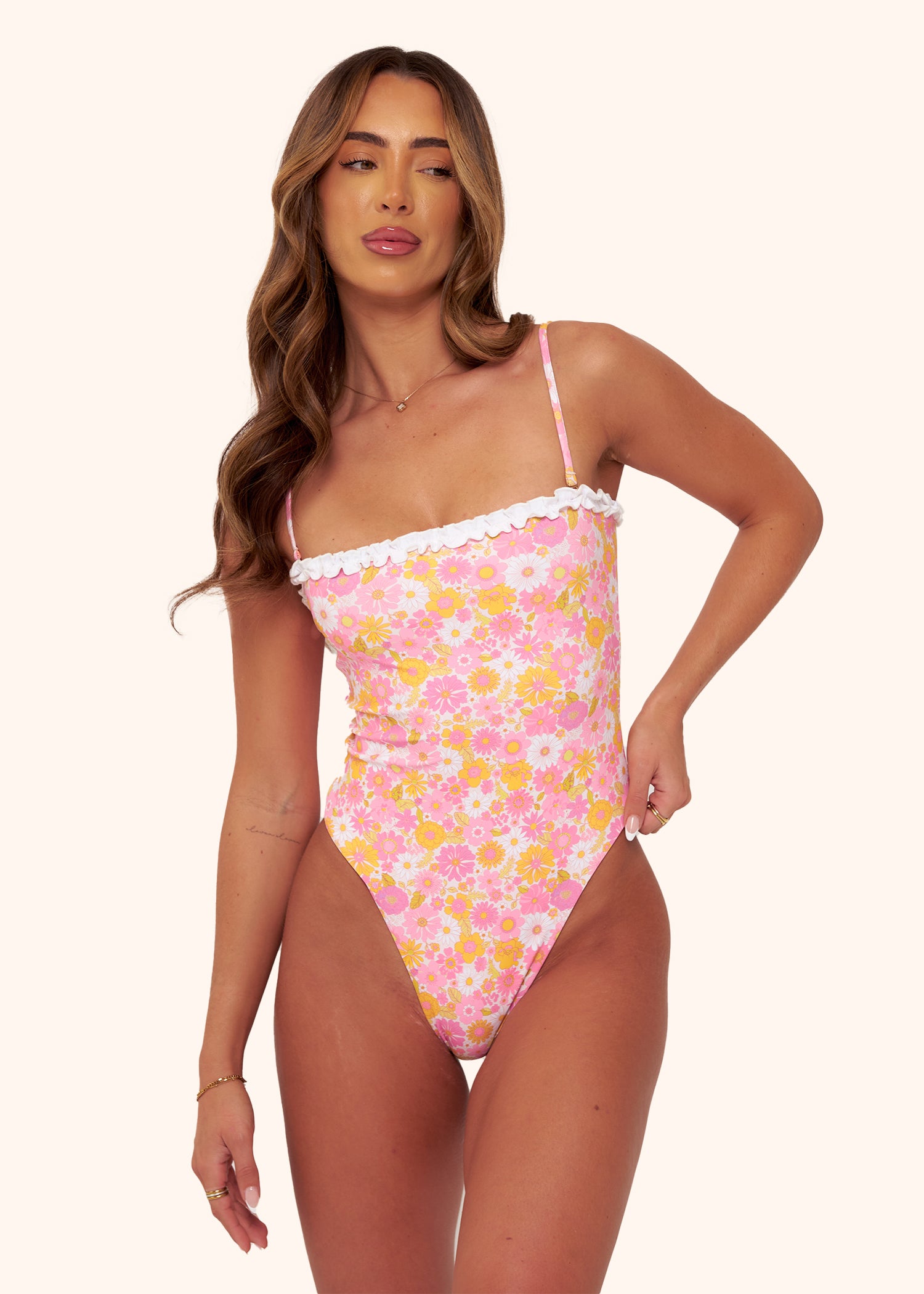 Ruffle Swimsuit in Pink and White Floral