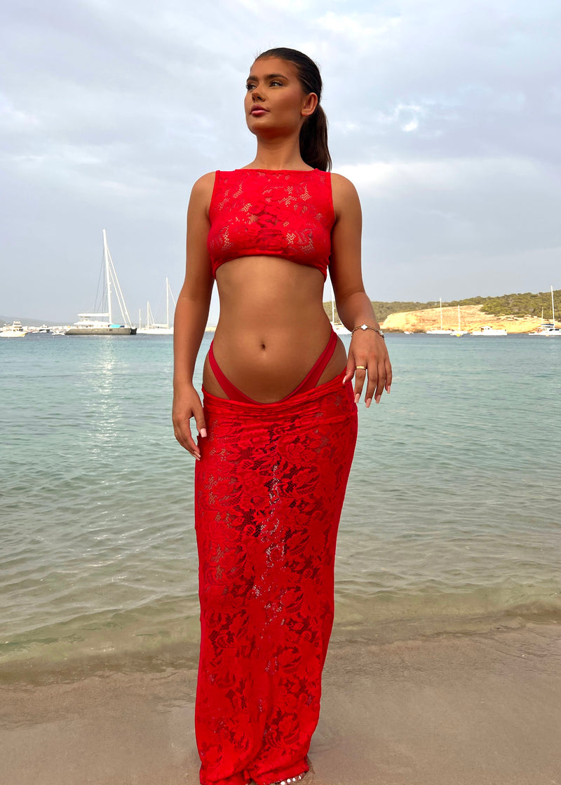 Red Lace Maxi Skirt