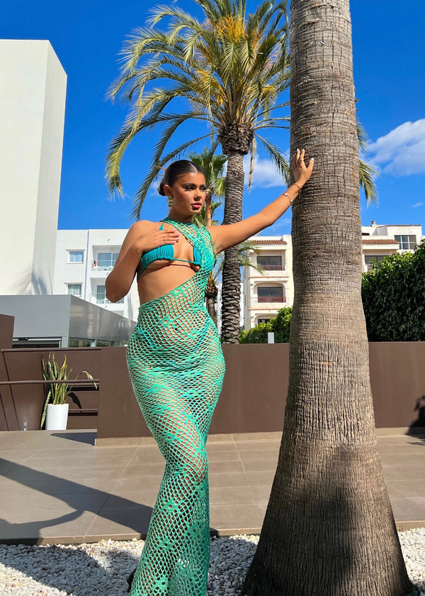 Green Crochet Cut Out Maxi Dress