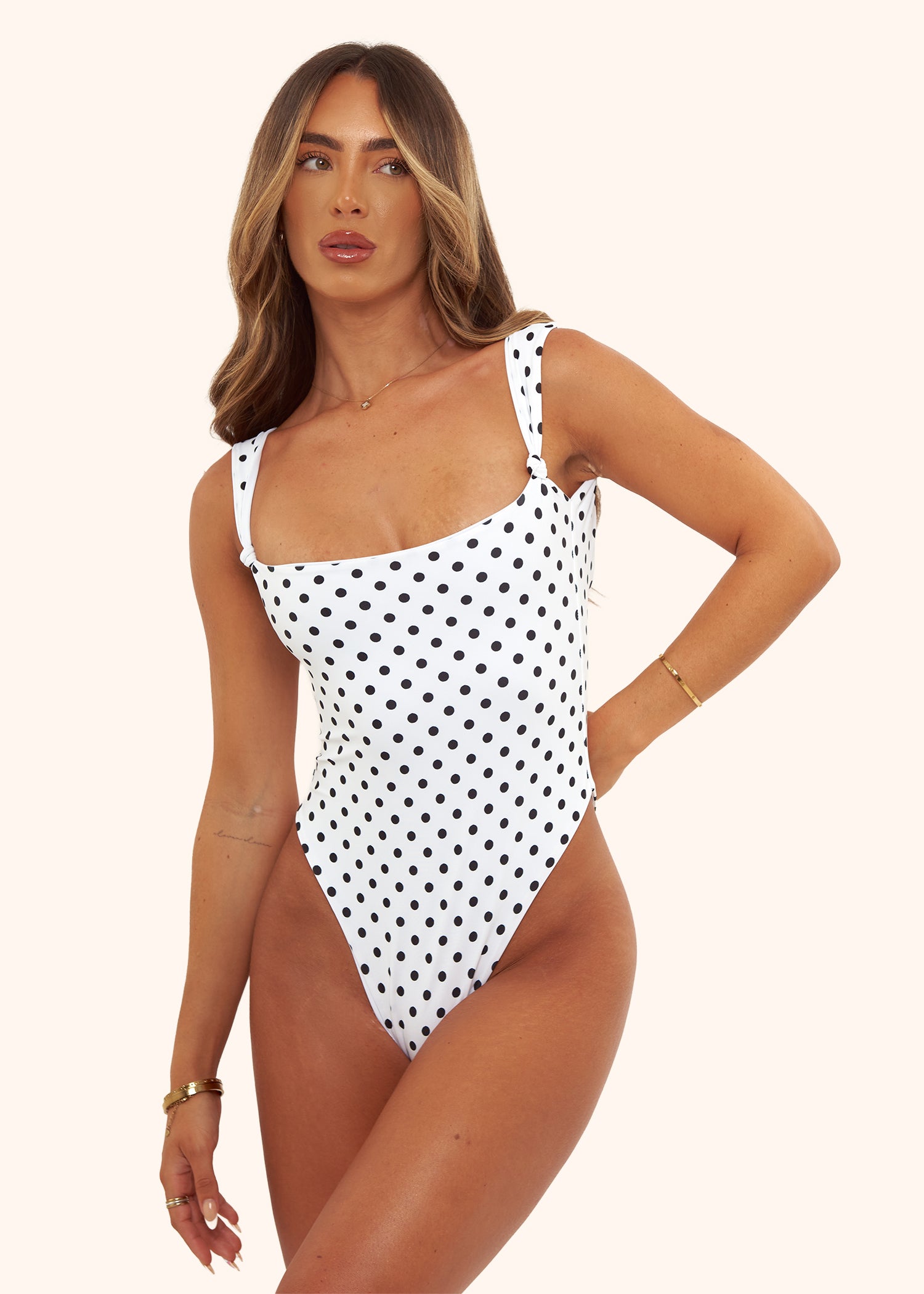 Knot Swimsuit in White Polka