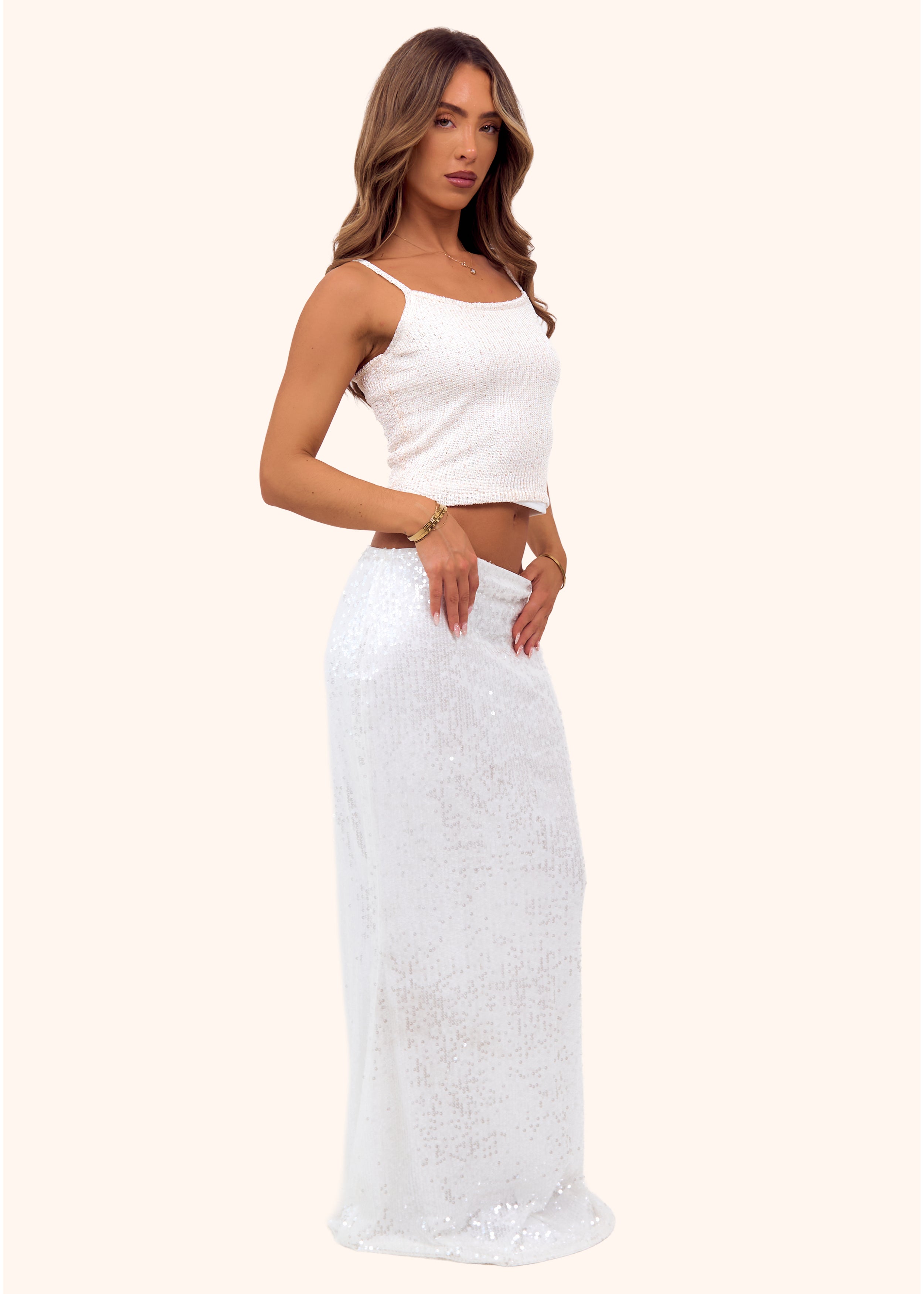 Sequin Maxi Skirt in White