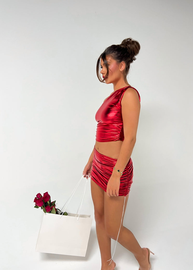 Red Metallic Ruched Skirt